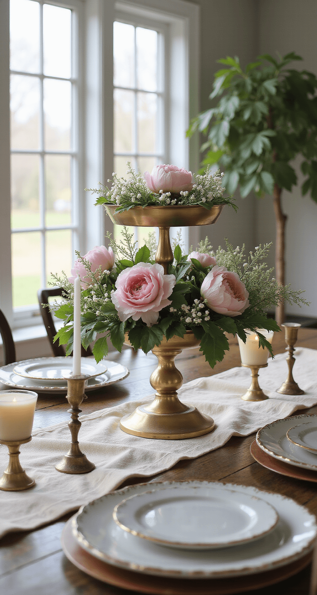 Spring Table Decor Ideas That'll Make Your Dining Room Bloom A sunlit dining room with a rustic farmhouse table adorned with a tiered spring centerpiece, featuring pastel pink peonies, white baby's breath, and sage green eucalyptus. Soft light filters through large windows, highlighting a vintage gold pizza pan and metallic candlestick among antique brass candleholders and delicate porcelain plates, all set on a muted cream linen table runner.