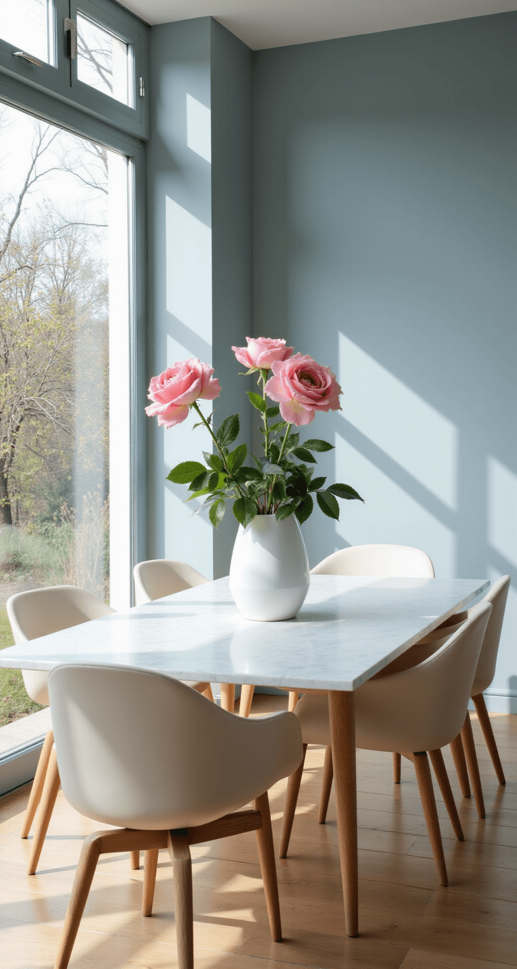 Spring Table Decor Ideas That'll Make Your Dining Room Bloom Modern minimalist dining space featuring a sleek marble table and mid-century modern chairs, with a white ceramic vase holding three pink rose stems, set against soft periwinkle walls and large windows overlooking a spring garden, illuminated by natural light.