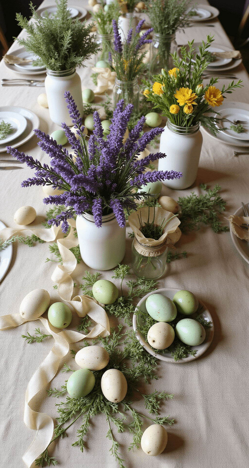 Spring Table Decor Ideas That'll Make Your Dining Room Bloom Maximalist spring table setting with vibrant floral arrangements in lavender, sage green, and soft yellow, featuring vintage milk glass, rustic mason jars, and glass cylinders, surrounded by painted ceramic eggs, delicate ribbon, and greenery on a textured cream linen tablecloth, captured in a wide-angle shot.