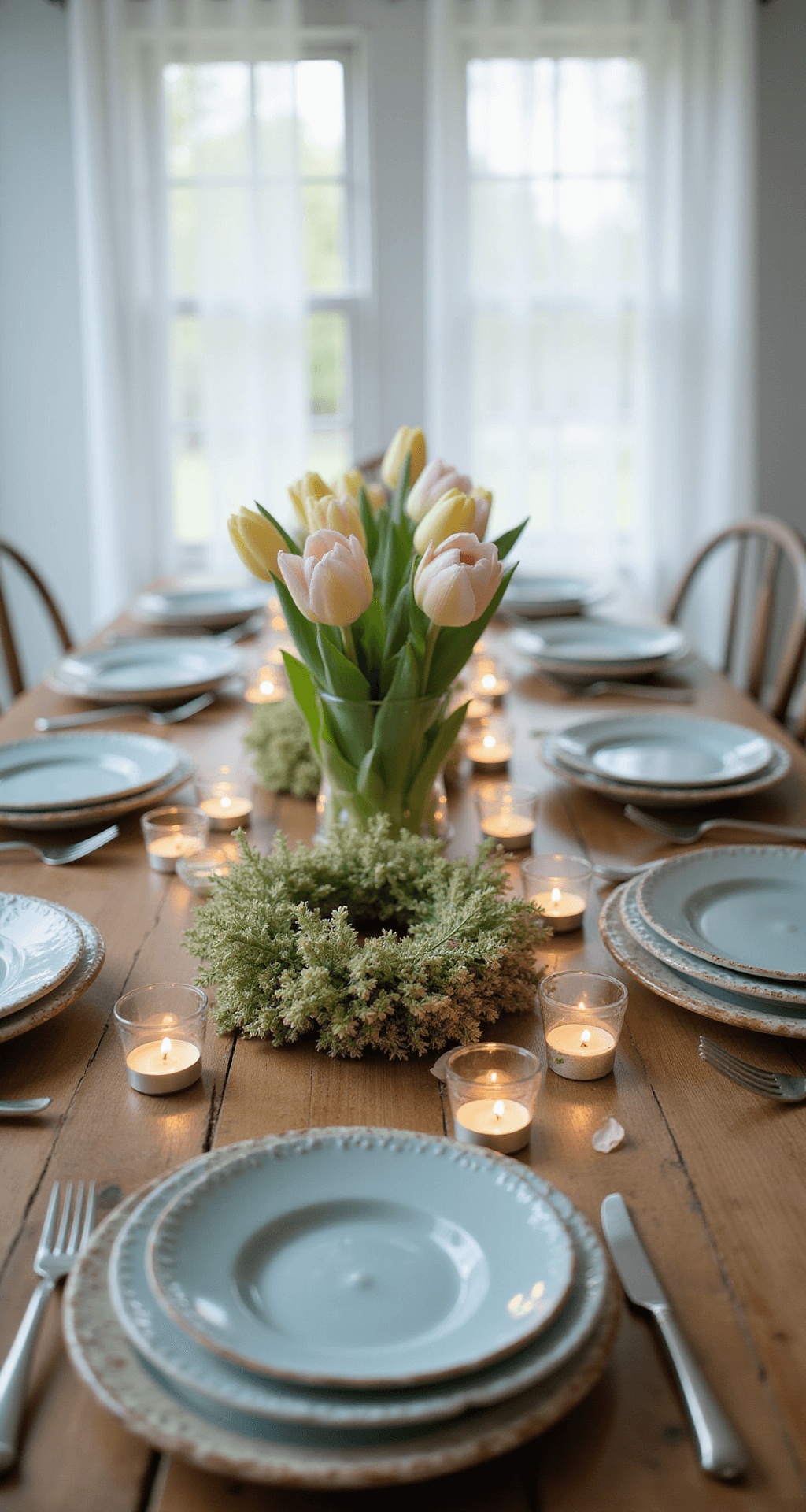 Spring Table Decor Ideas That'll Make Your Dining Room Bloom Pastel Easter brunch tablescape featuring a flat spring wreath centerpiece, LED tea lights, mismatched ceramic plates, and delicate tulips in soft blue and pale yellow hues, with natural light filtering through sheer curtains, on a wooden farmhouse table, capturing an intimate and romantic spring atmosphere.