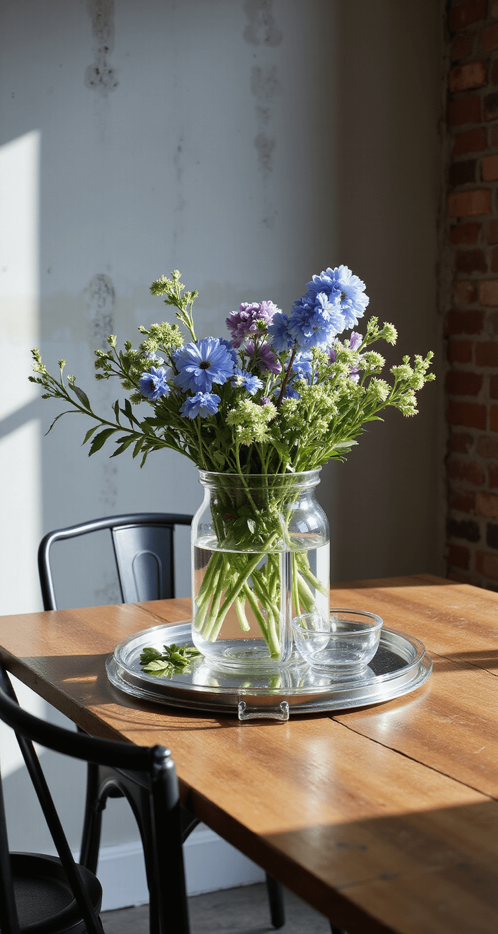 Spring Table Decor Ideas That'll Make Your Dining Room Bloom Industrial-chic dining area featuring an acrylic tray filled with water and cut flowers in blue, lavender, and green tones, set against a concrete wall, with metal dining chairs and exposed brick. Dramatic lighting casts reflections and shadows, emphasizing the modern design and spring color palette.