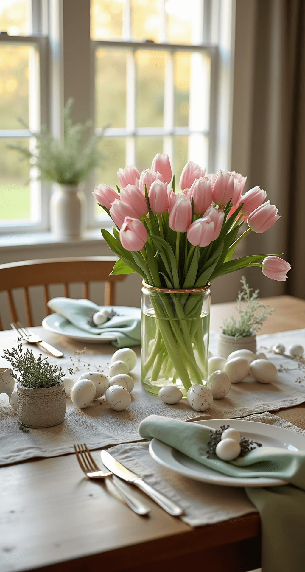 Easter Table Decor Ideas That'll Make Your Guests Say "Wow, You Did This?" A pastel Easter dining room scene at golden hour, featuring a linen-covered farmhouse table with a glass vase of blush pink tulips, white ceramic eggs, and lavender sprigs, complemented by sage green napkins and vintage porcelain plates with gold trim, bathed in warm light and soft shadows.