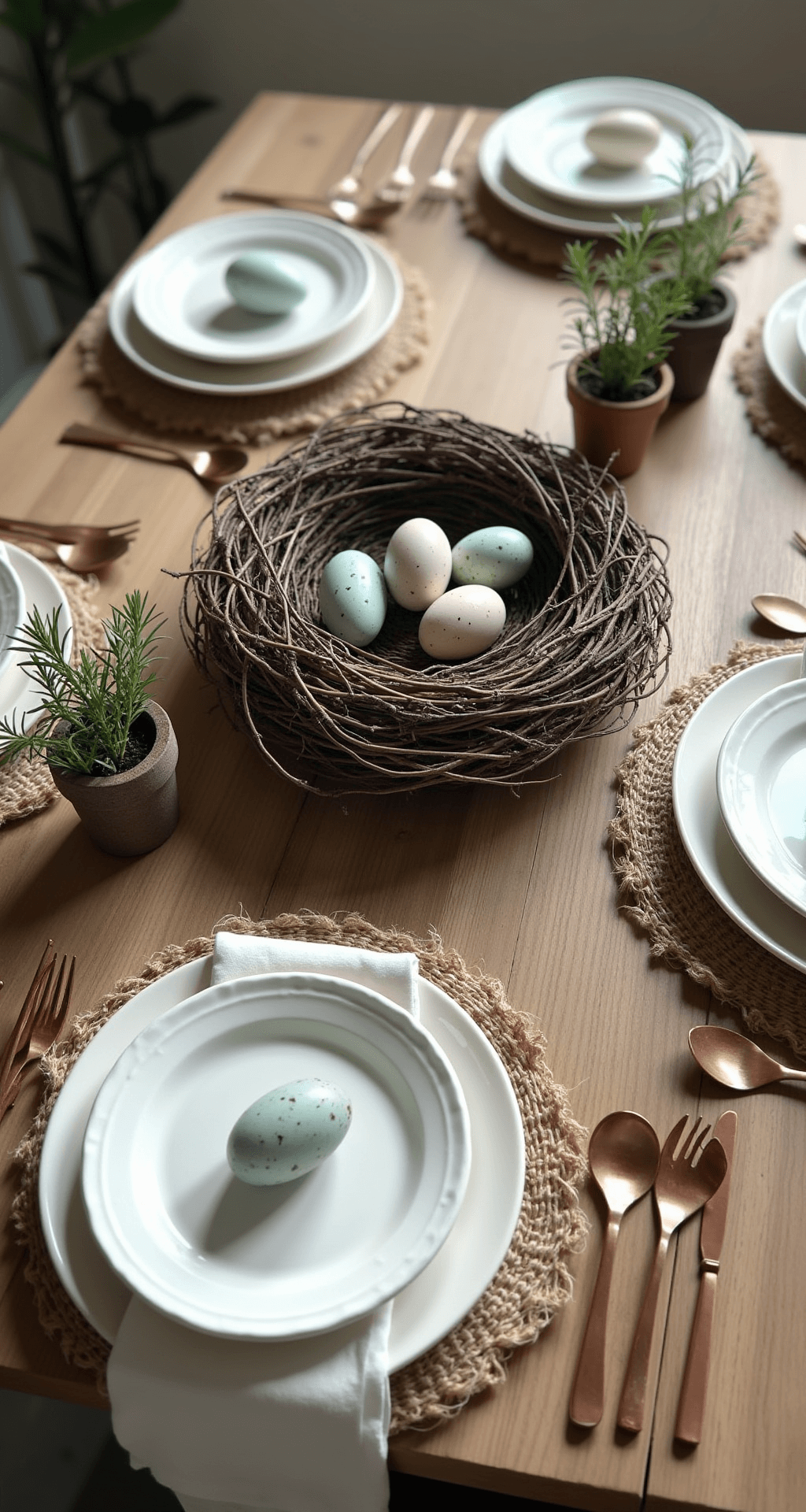 Easter Table Decor Ideas That'll Make Your Guests Say "Wow, You Did This?" A rustic Easter table setting with a raw wooden surface, featuring a grapevine wreath filled with speckled eggs in muted blues and creams, white ceramic plates on burlap placemats, copper-colored cutlery, and potted rosemary plants, all illuminated by soft natural light.