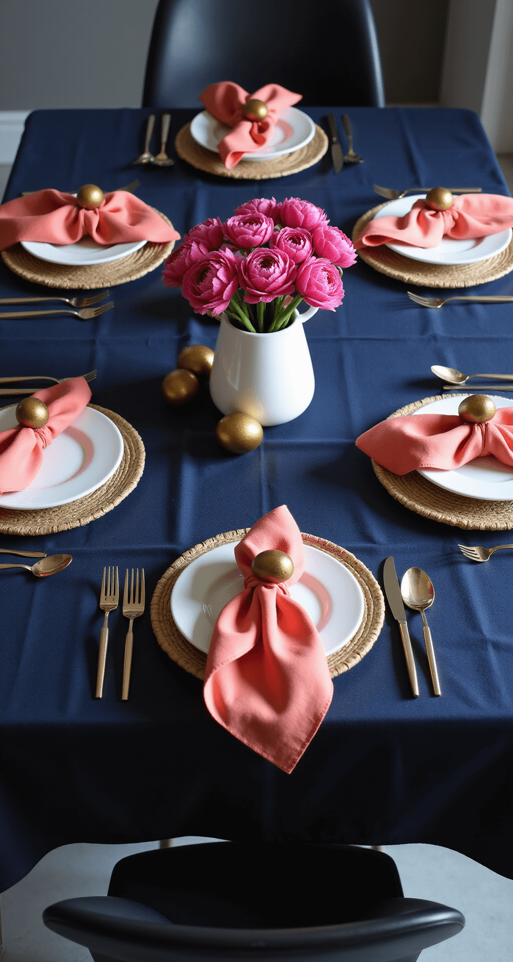Easter Table Decor Ideas That'll Make Your Guests Say "Wow, You Did This?" Modern minimalist Easter table featuring a deep navy linen tablecloth, white porcelain dishes, and geometrically folded coral napkins, with a central arrangement of hot pink ranunculus in a white vase and gold-painted wooden eggs, all set against black modern chairs and dramatic side lighting for high contrast.