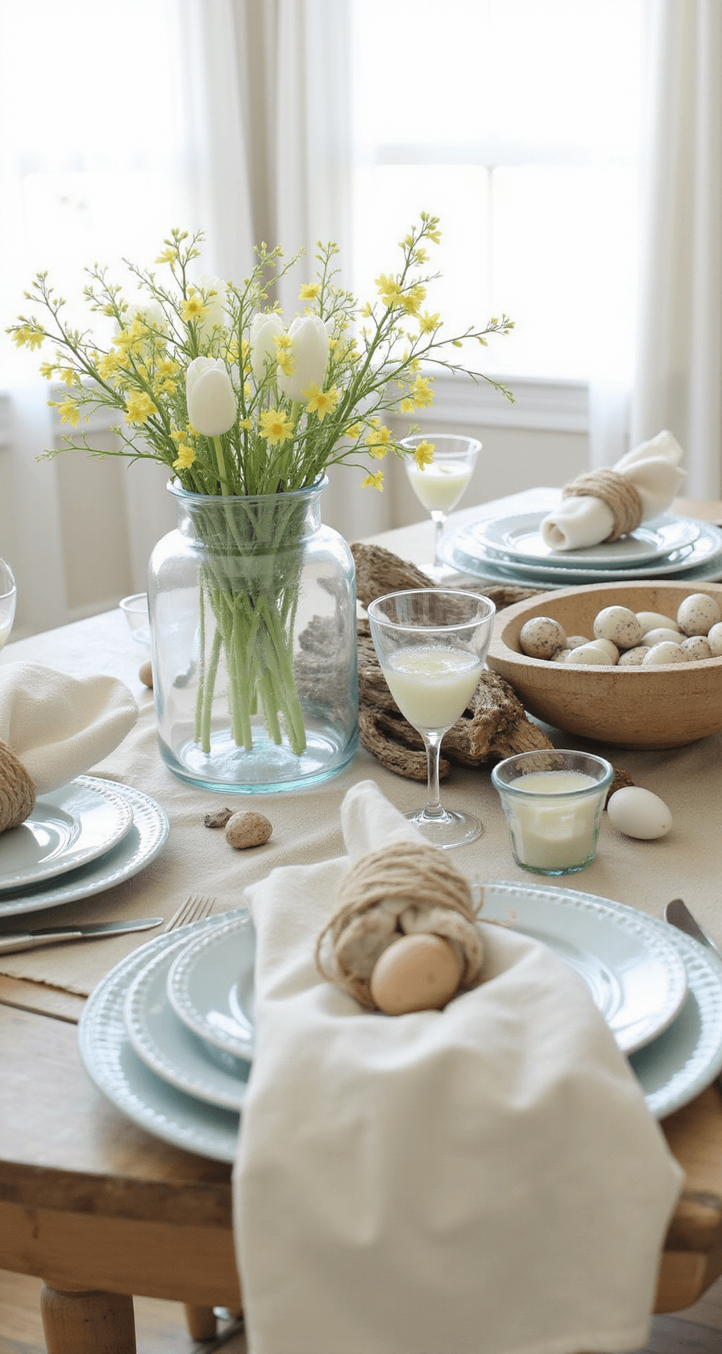 Easter Table Decor Ideas That'll Make Your Guests Say "Wow, You Did This?" A coastal-inspired Easter tablescape featuring a cream linen tablecloth, pale blue glass charger plates, and jute-tied napkins. The centerpiece includes white tulips and forsythia branches in a clear glass jar, with quail eggs in a wooden dough bowl. Sea glass and driftwood accents complement the soft morning light filtering through sheer white curtains.