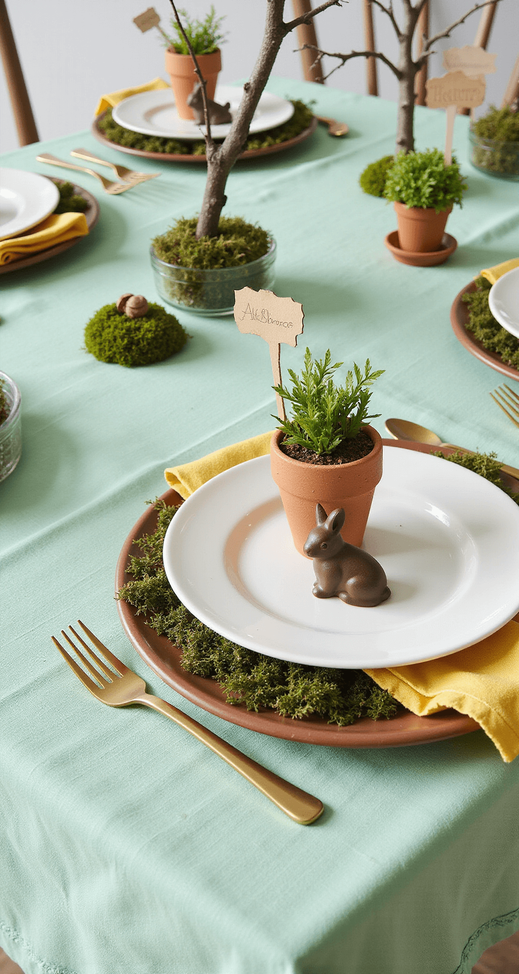 Easter Table Decor Ideas That'll Make Your Guests Say "Wow, You Did This?" Whimsical Easter table set with a mint green tablecloth, vintage terra cotta pots filled with fresh herbs as place card holders, each marked with a small wooden name tag. The setting features white ceramic plates, soft yellow napkins, and individual chocolate bunnies at each place setting, complemented by scattered moss and branches for texture, all under soft diffused light creating a playful, inviting atmosphere.