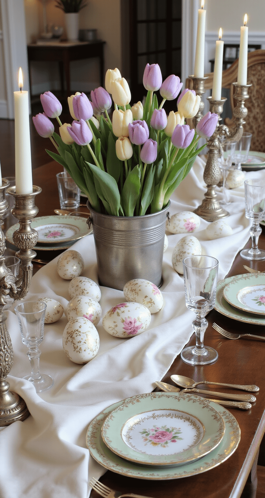 Easter Table Decor Ideas That'll Make Your Guests Say "Wow, You Did This?" An elegant Easter table set with an ivory silk runner, crystal stemware, and hand-painted porcelain plates. A centerpiece of lavender and cream tulips in an antique silver champagne bucket, with delicate blown eggs featuring gold calligraphy. Vintage silver candelabras frame the scene, illuminated by soft candlelight for a romantic ambiance.