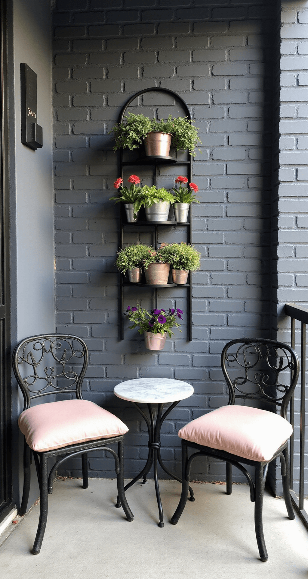 Spring Front Porch Decor: Transform Your Entryway Without Breaking a Sweat (or the Bank) Intimate urban front porch featuring a charcoal grey brick wall, a wrought iron bistro set with blush pink cushions, and a small round marble-topped side table. The vertical hanging planter showcases cascading succulents and vibrant pansies in mismatched metallic containers. A black metal tiered plant stand displays varying pot heights, and modern matte black wall-mounted house numbers are visible. Soft morning light casts gentle shadows, enhancing the minimalist styling and intentional color pops within the compact 6x4 foot space.