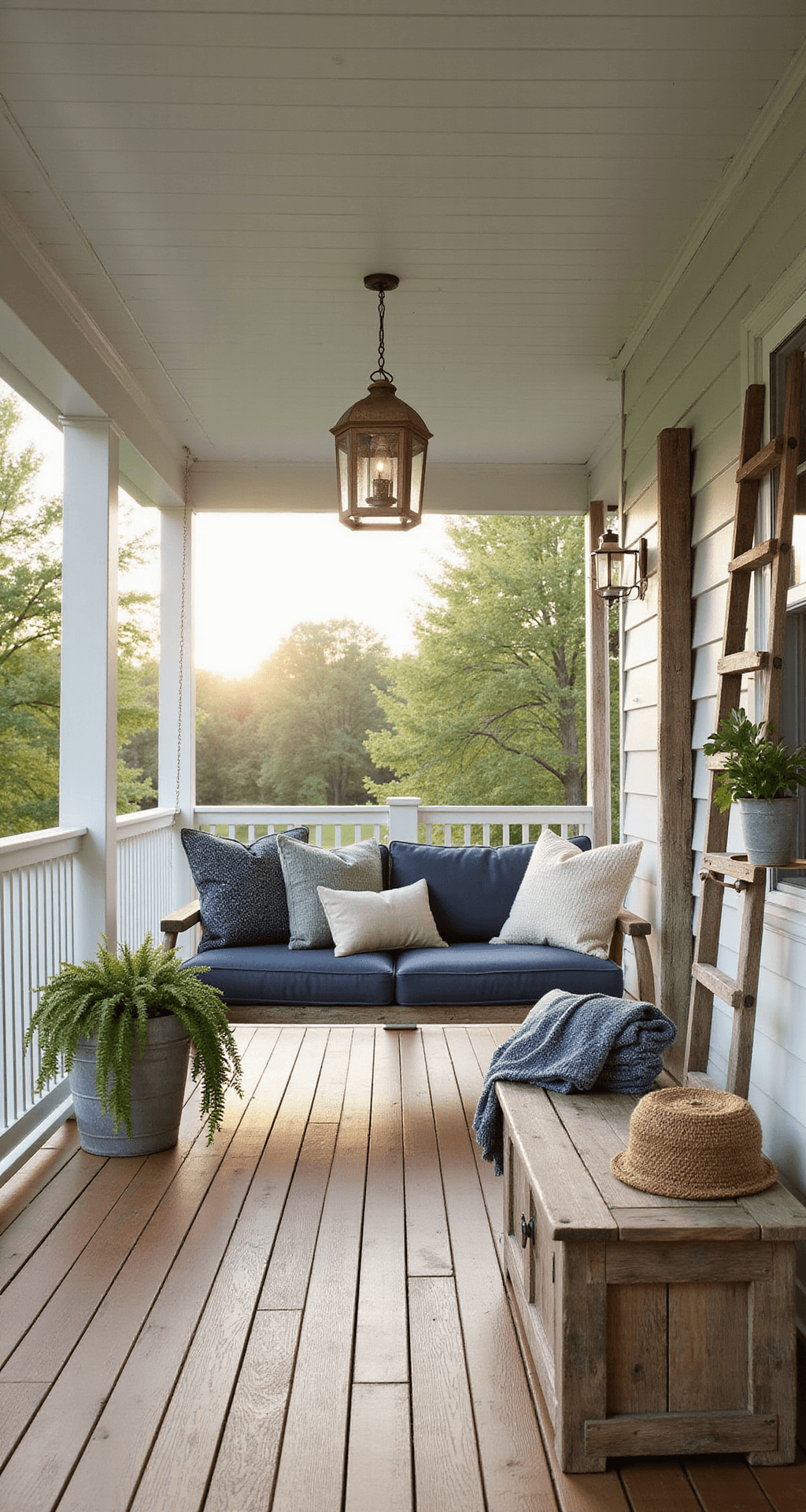 Spring Front Porch Decor: Transform Your Entryway Without Breaking a Sweat (or the Bank) A warm, inviting farmhouse porch scene featuring a large wooden deck with white railings, a cozy porch swing adorned with layered pillows, oversized metal planters filled with ferns and ivy, a vintage ladder draped with herb planters, a weathered bench with woven throws, and a brass lantern hanging from an exposed beam, all illuminated by soft late afternoon sunlight.