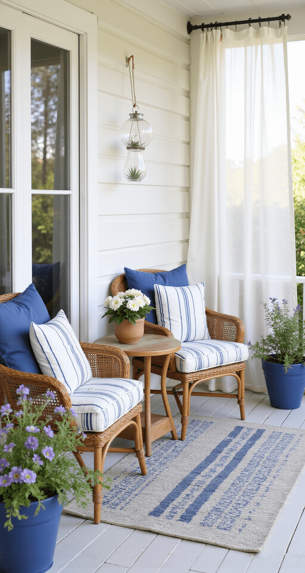 Spring Front Porch Decor: Transform Your Entryway Without Breaking a Sweat (or the Bank) Coastal cottage front porch design featuring a whitewashed wooden floor, rattan bistro chairs with navy and white striped cushions, ceramic planters with lavender and white petunias, a nautical rope-trimmed outdoor rug, and a vintage wooden ship's lantern centerpiece, all bathed in soft morning light filtered through sheer white curtains.