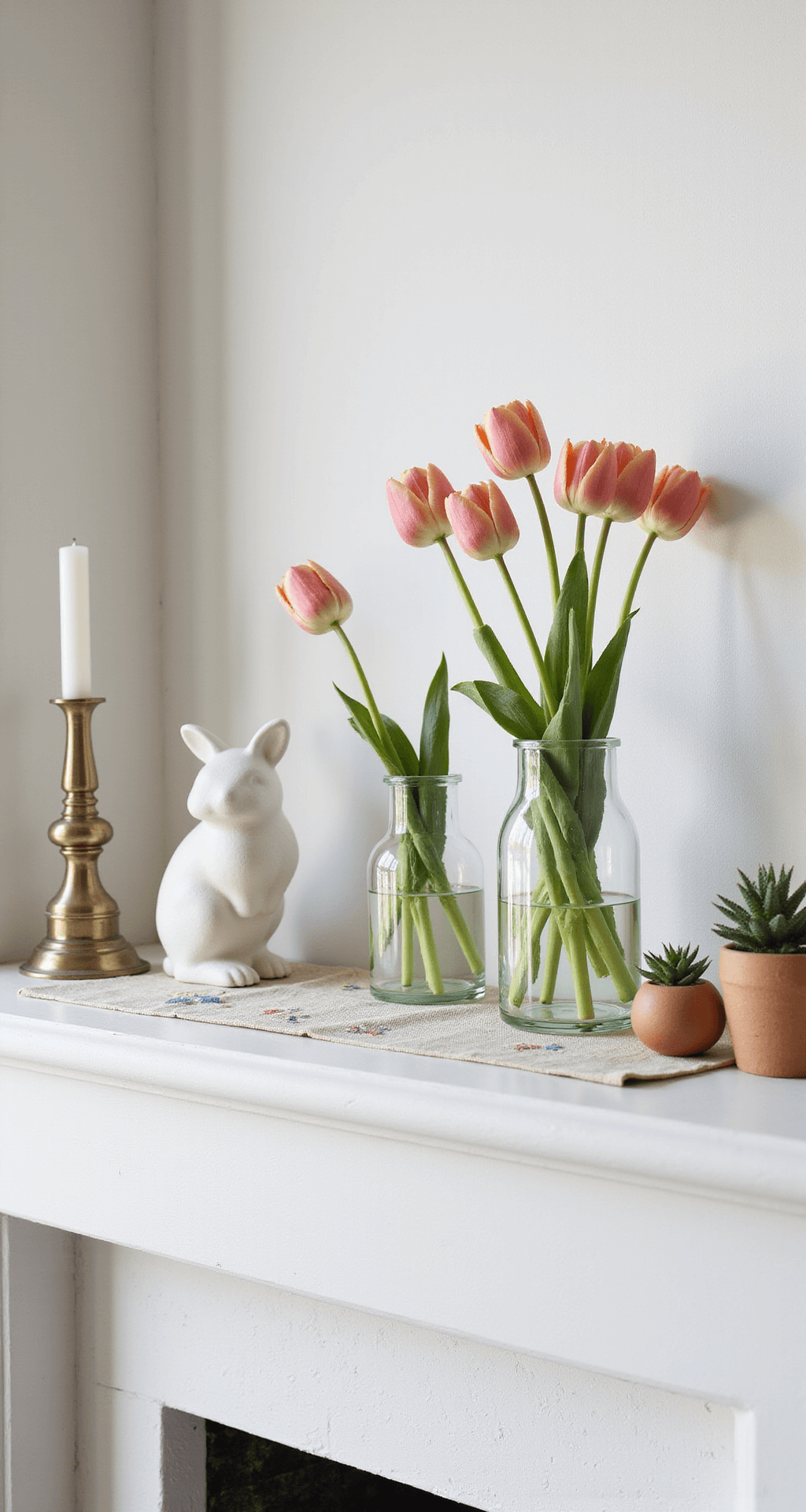 Spring Mantel Decor Ideas That'll Make Your Fireplace the Star of the Room A modern minimalist spring mantel featuring a pure white stone fireplace, geometric glass vases with single tulips in coral and blush tones, an asymmetrically placed ceramic bunny figurine, and brass candlesticks of varying heights, amidst small potted succulents and an organic linen runner with botanical embroidery, all illuminated by soft natural daylight.