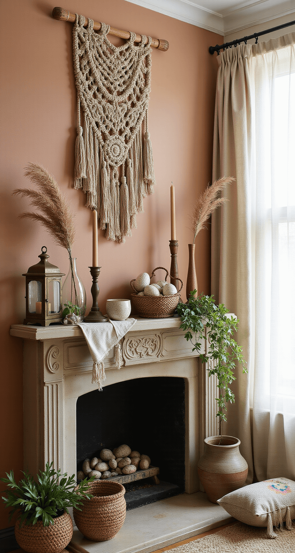 Spring Mantel Decor Ideas That'll Make Your Fireplace the Star of the Room A beautifully styled spring mantel featuring a bohemian eclectic design with rich textures, warm terracotta and sage green hues, macramé wall hanging, vintage brass lanterns, hand-blown glass vessels with dried pampas grass, woven rattan baskets filled with speckled ceramic eggs, trailing ivy, antique wooden candlesticks with beeswax candles, and layered textiles, all bathed in soft afternoon light.