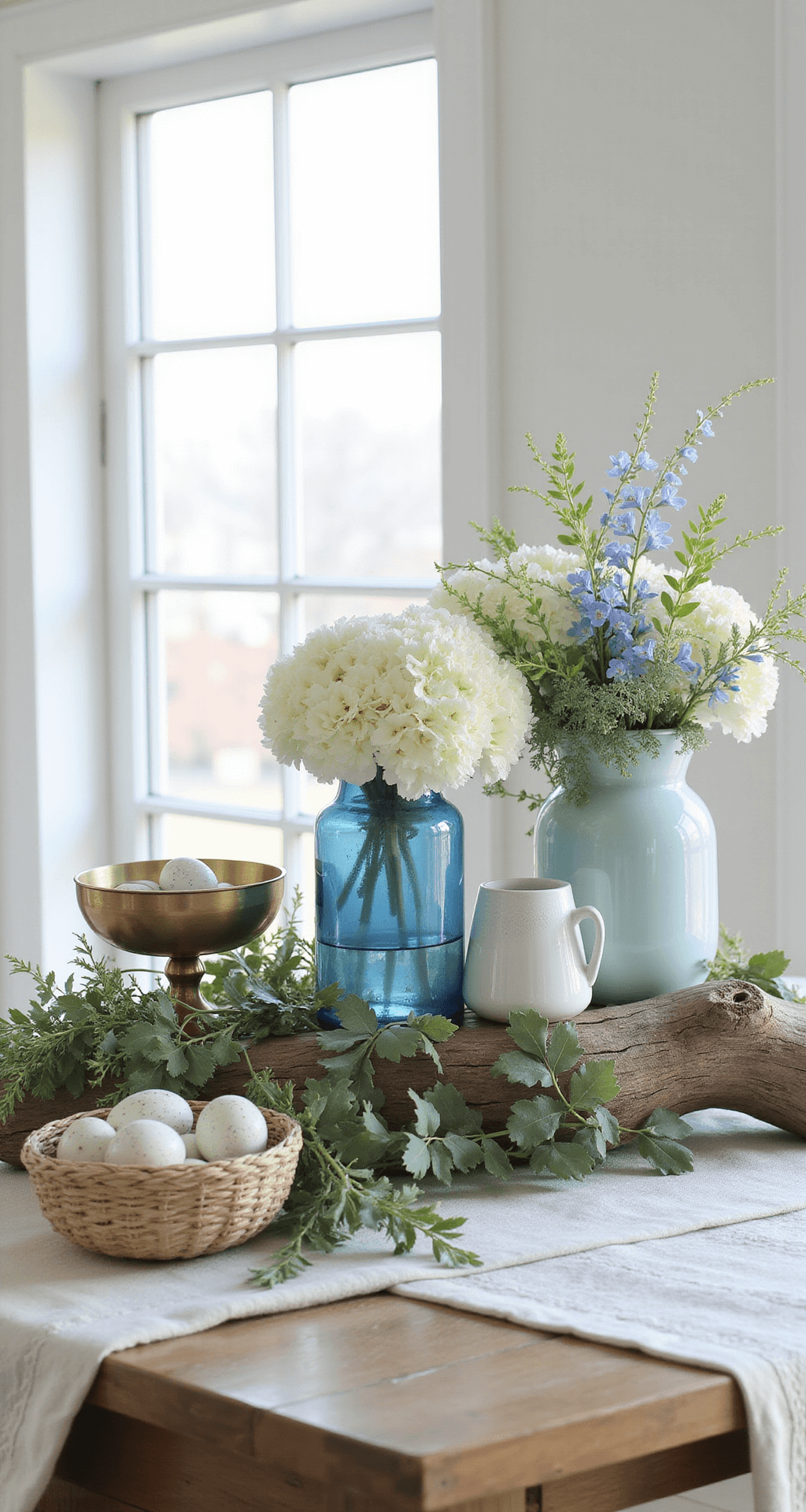 Spring Mantel Decor Ideas That'll Make Your Fireplace the Star of the Room Coastal-inspired spring mantel featuring a serene blue and white palette with a driftwood centerpiece, hand-blown glass vessels, sea glass accents, and ceramic vessels filled with white hydrangeas and blue delphinium, complemented by vintage nautical brass objects, a woven seagrass basket with speckled eggs, trailing eucalyptus, and delicate ferns, all set against large windows providing soft diffused light.