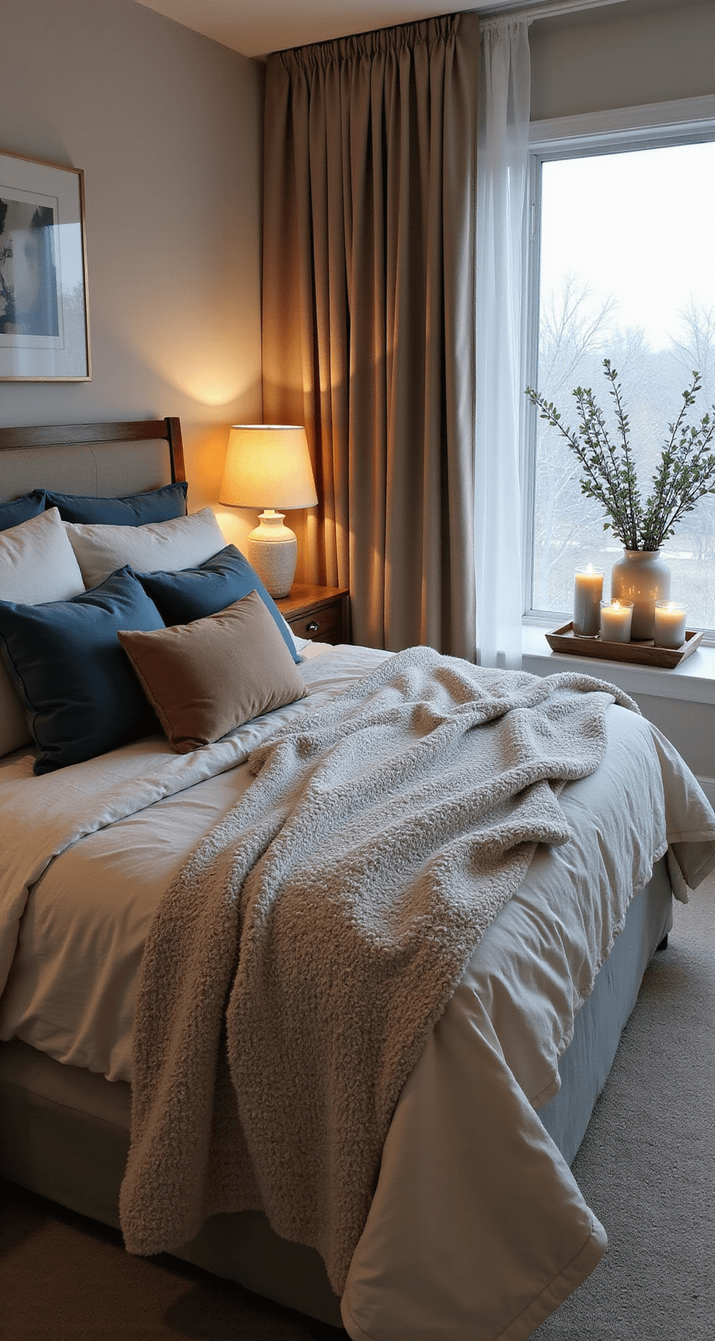 Winter Home Decor That Actually Makes Your Space Feel Like a Cozy Retreat (Without Looking Like Santa's Workshop) Intimate winter-styled bedroom corner with a queen bed featuring a quilted cream coverlet and plush velvet and boucle pillows, an oversized knit blanket, a wooden nightstand with a salt lamp, a large frosted window, eucalyptus stems in a ceramic vase, and candles, all illuminated by soft morning light.