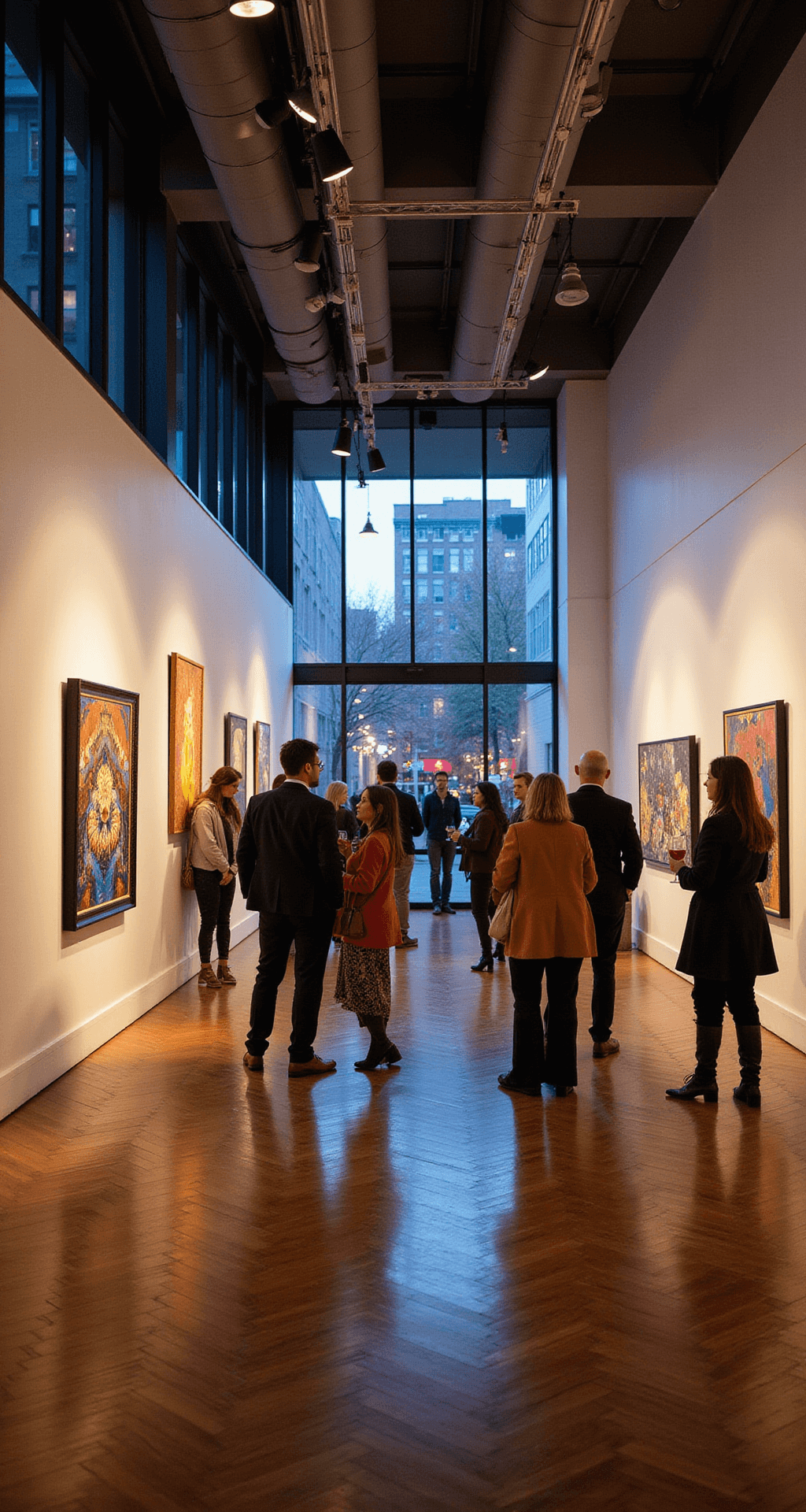 What's Actually Happening in Kentucky This February 2026 (And Why You Should Care) Interior shot of a modern Louisville art gallery during First Friday, featuring soft amber and cool blue lighting on white walls, with art enthusiasts mingling by contemporary artworks, a herringbone wood floor, and floor-to-ceiling windows showcasing a twilight streetscape.