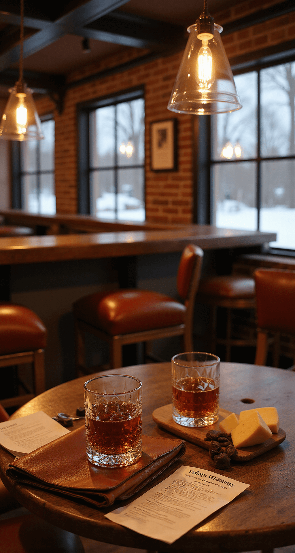What's Actually Happening in Kentucky This February 2026 (And Why You Should Care) Intimate bourbon tasting room for Valentine's Day featuring a rich mahogany bar, copper accents, and soft romantic lighting. Two elegant whiskey glasses filled with amber bourbon sit on the bar, alongside scattered tasting notes and a distressed leather portfolio. Leather bar stools with brass details complement the scene, with large industrial windows revealing a winter Kentucky landscape, all in a warm sepia color palette, styled with artisan cheese and dark chocolate pairings.