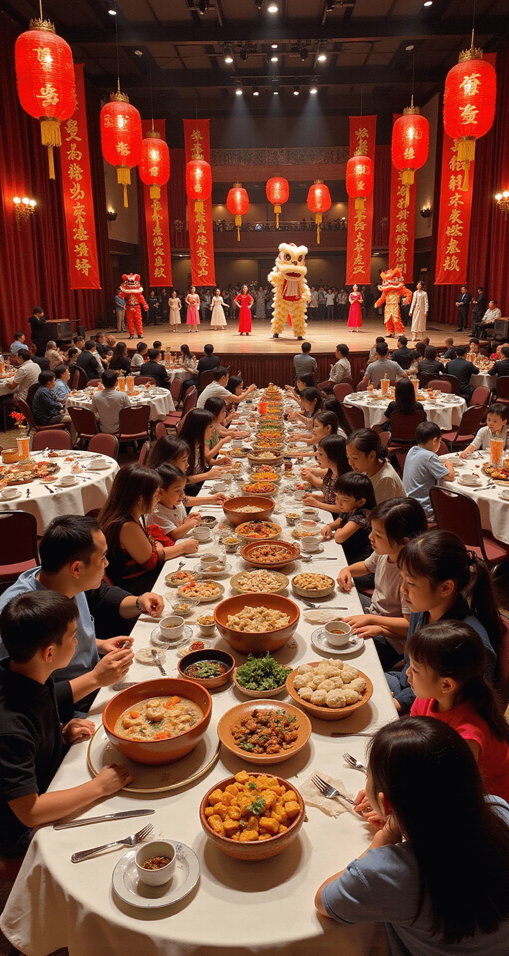 What's Actually Happening in Kentucky This February 2026 (And Why You Should Care) A vibrant Lunar New Year celebration inside a large community center, featuring red and gold decorations, round tables with elaborately set dishes of dumplings, families of all ages in traditional and modern attire, and lion dance performers illuminated by dramatic stage lighting, all captured in sharp photographic clarity.