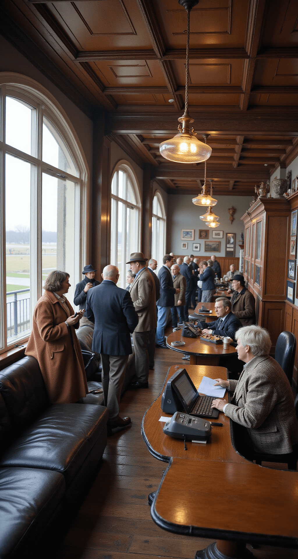 What's Actually Happening in Kentucky This February 2026 (And Why You Should Care) A historic interior of Churchill Downs during winter racing, featuring wood-paneled walls adorned with racing memorabilia, vintage betting stations, groups of enthusiasts in classic attire, soft daylight through arched windows, rich leather and tweed textures, and vintage brass accents with displayed racing trophies.
