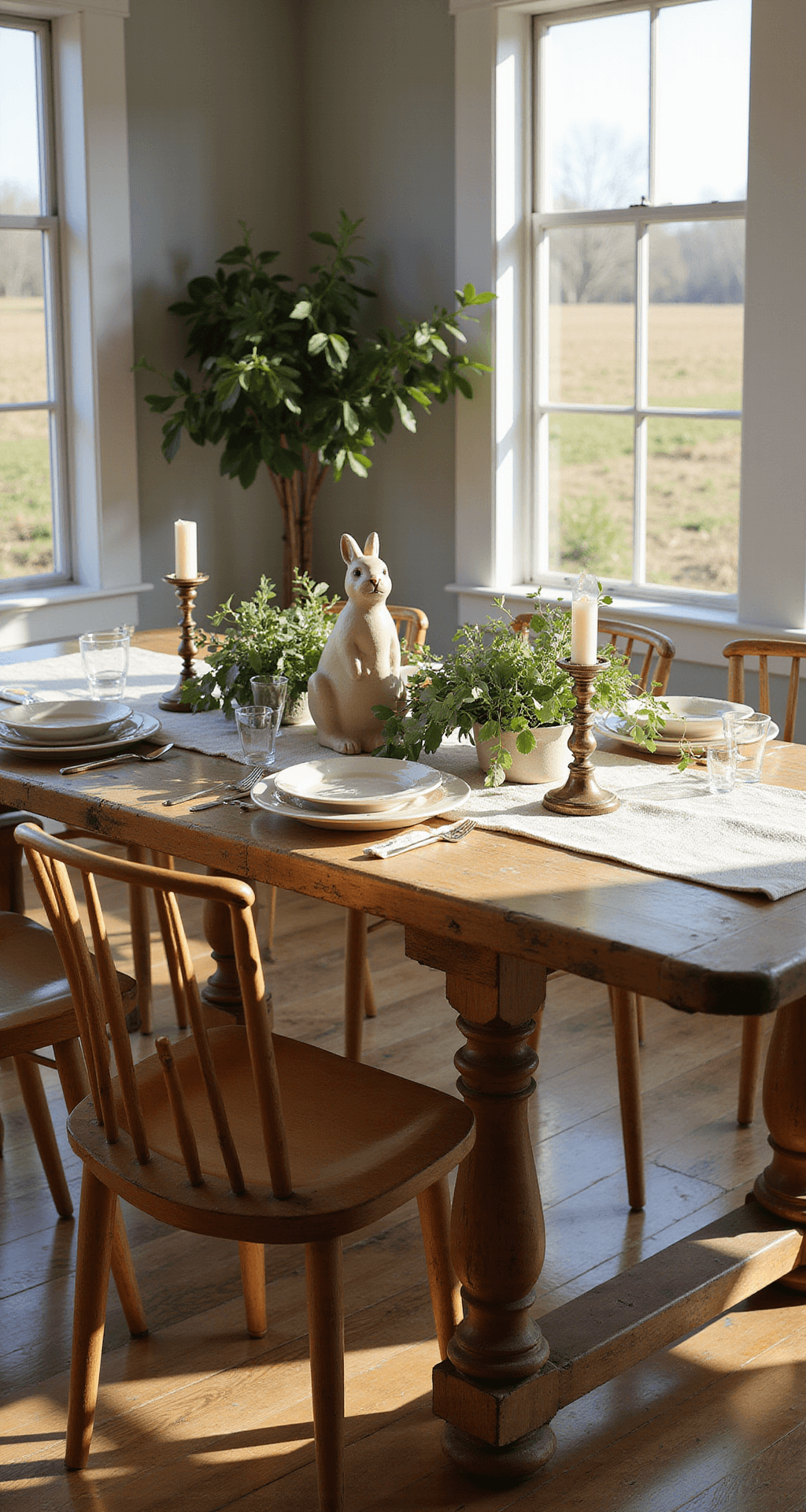 Easter Home Decor That'll Make Your Neighbors Wonder What You've Been Up To Ultra-detailed photorealistic interior of a modern farmhouse dining room with a rustic wooden table, handcrafted floral runner, vintage bunny figurine, eucalyptus branches, linen napkins, and brass candlesticks, warmly lit by late afternoon sunlight streaming through large windows, casting shadows on distressed hardwood floors.