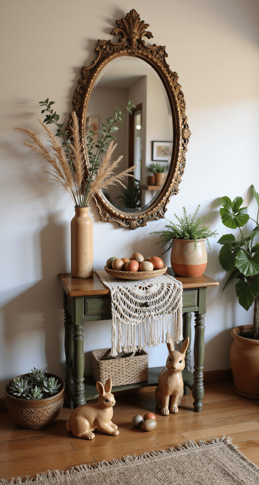 Easter Home Decor That'll Make Your Neighbors Wonder What You've Been Up To Bohemian-inspired entryway featuring layered Easter decor with a vintage console table, macramé table runner, hand-painted wooden eggs, dried pampas grass and eucalyptus in a ceramic vase, and a vintage ceramic bunny, all bathed in warm, golden hour light.