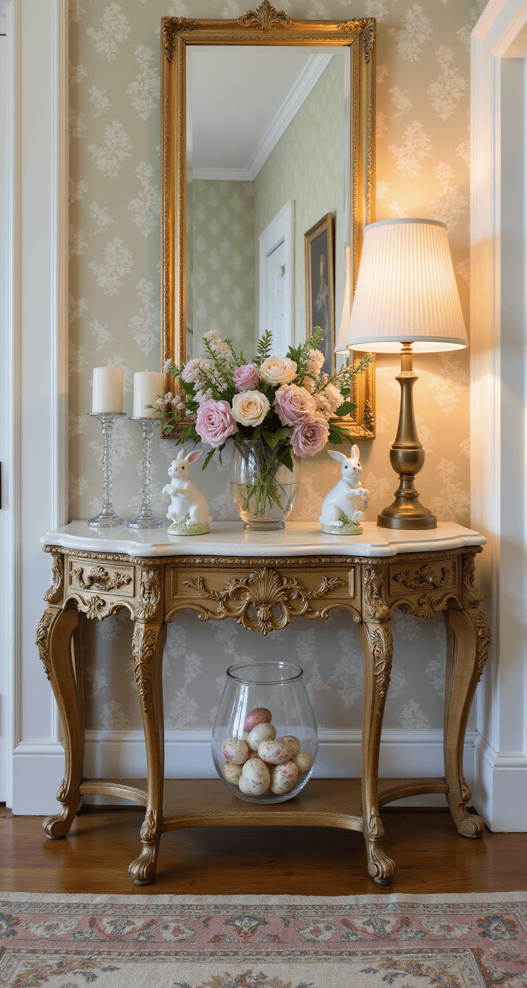 Easter Home Decor That'll Make Your Neighbors Wonder What You've Been Up To A traditional Southern-style foyer decorated for Easter, featuring an antique console table with a marble top, pastel porcelain bunny figurines, crystal candlesticks, a floral arrangement with garden roses and ranunculus, an ornate gilded mirror, damask-patterned wallpaper, an antique brass lamp, a muted Persian runner, and a crystal vase with hand-painted eggs, all illuminated by soft, diffused lighting.