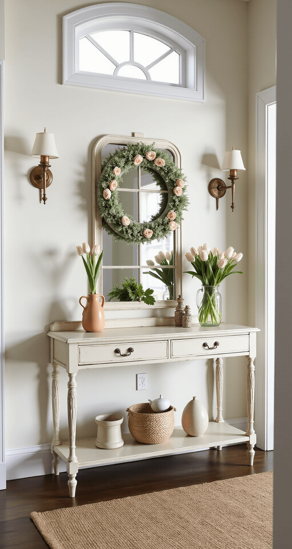 Spring Into Style: My No-Nonsense Guide to Easter Decorating That Won't Break the Bank Elegant entryway featuring a handcrafted spring wreath of soft pastel tulips and delicate greenery above a vintage white console table, styled with oversized ceramic eggs, basking in soft daylight from a transom window, with a textured sisal rug and brass wall sconces, highlighting macro details of the wreath's intricate flowers in soft focus.
