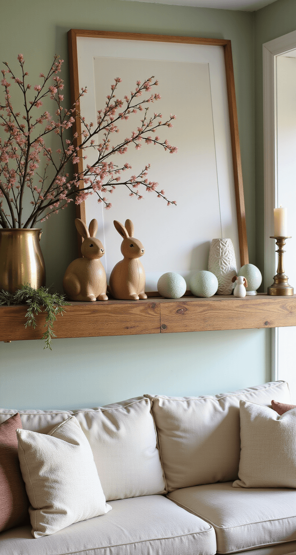 Spring Into Style: My No-Nonsense Guide to Easter Decorating That Won't Break the Bank A rustic living room mantel adorned with Easter decor, featuring wooden bead bunny figurines, hand-painted ceramic eggs, and fresh cherry blossom branches in a vintage brass pitcher, set against soft sage green walls and a natural linen slipcover sofa, illuminated by warm afternoon light that highlights the layered textures of wood, ceramic, and organic elements.