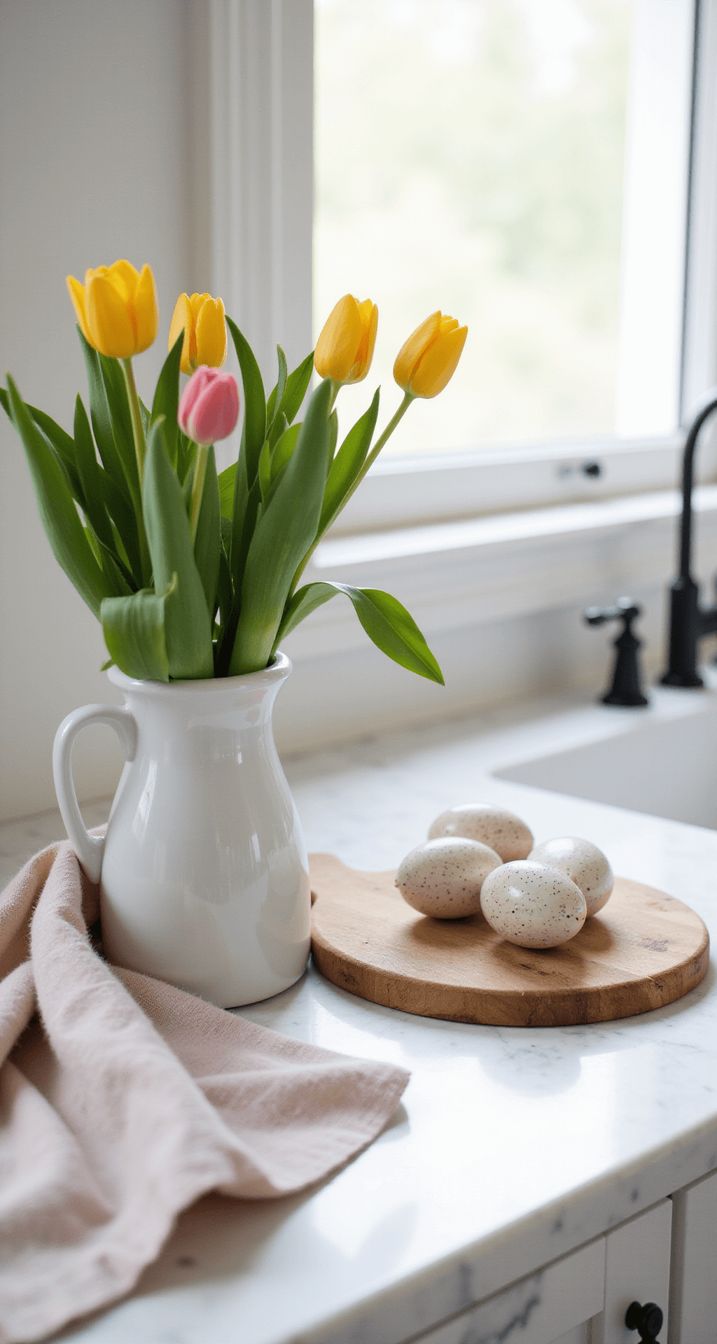 Spring Into Style: My No-Nonsense Guide to Easter Decorating That Won't Break the Bank A minimalist kitchen countertop featuring a fresh tulip arrangement in a simple white vase, a pastel linen tea towel, decorative speckled Easter eggs, a marble surface, and a natural wood cutting board, all illuminated by bright morning light.