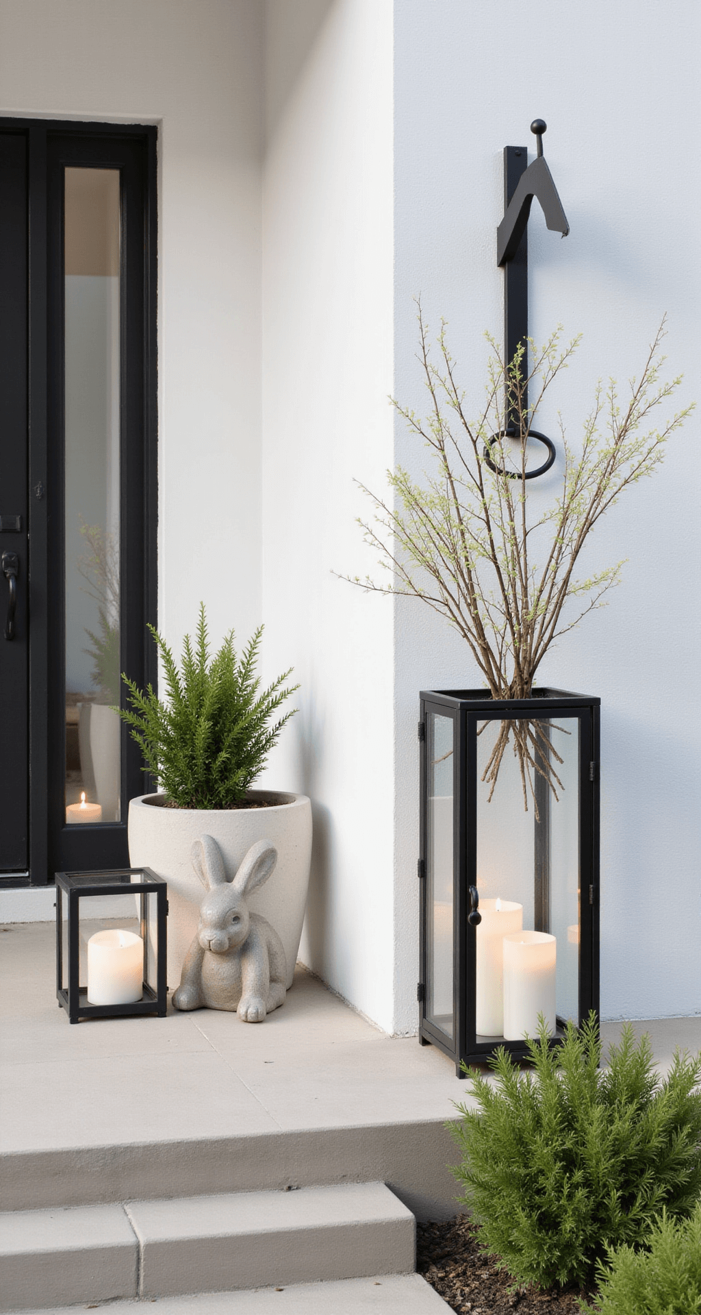 Easter Porch Decor Ideas That'll Make Your Neighbors Green With Envy Minimalist modern Easter porch featuring a clean white exterior, black metal lanterns with LED candles, ceramic eggs in planters, a geometric bunny statue, and a shepherd's hook with spring branches, all highlighted by afternoon light and strategic green accents.