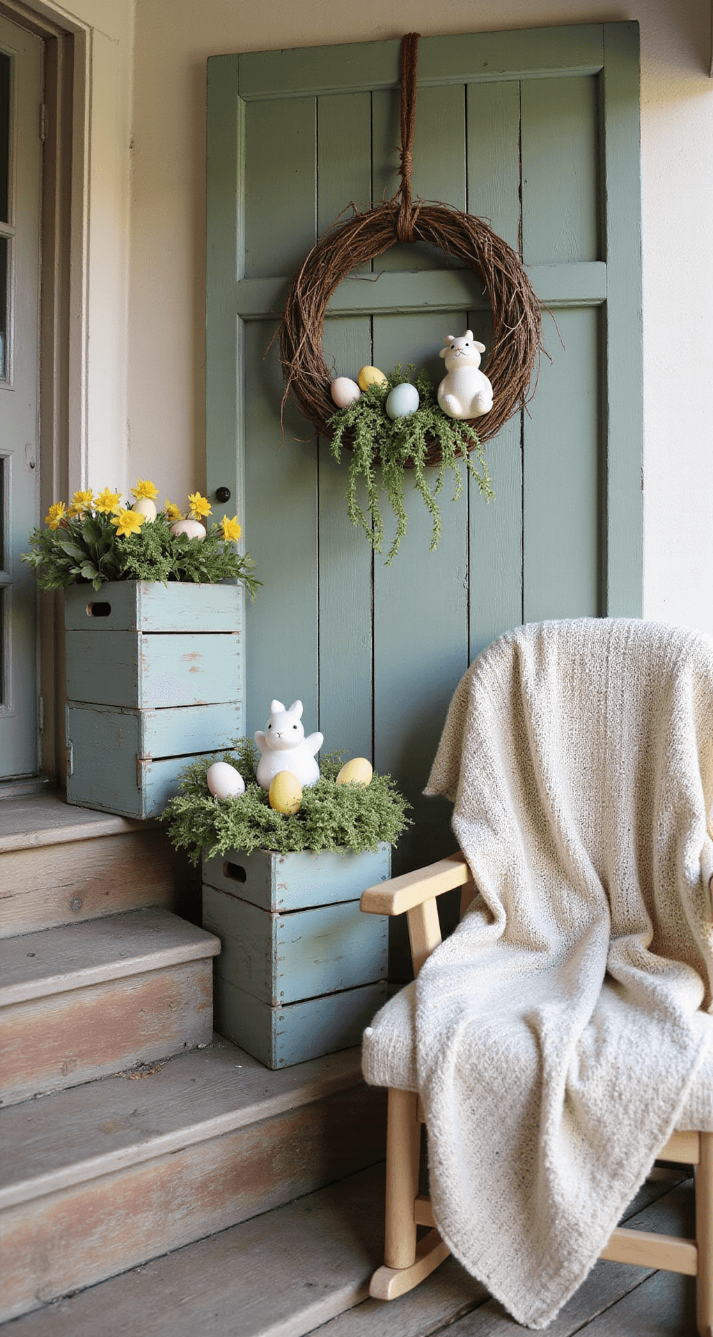 Easter Porch Decor Ideas That'll Make Your Neighbors Green With Envy Rustic Easter porch featuring weathered wooden steps, vintage woven baskets with pastel eggs and moss, distressed sage green crates with ceramic bunnies and potted daffodils, a grapevine wreath on a reclaimed wood door, and a hand-knitted throw on an antique rocking chair, all bathed in soft morning light.