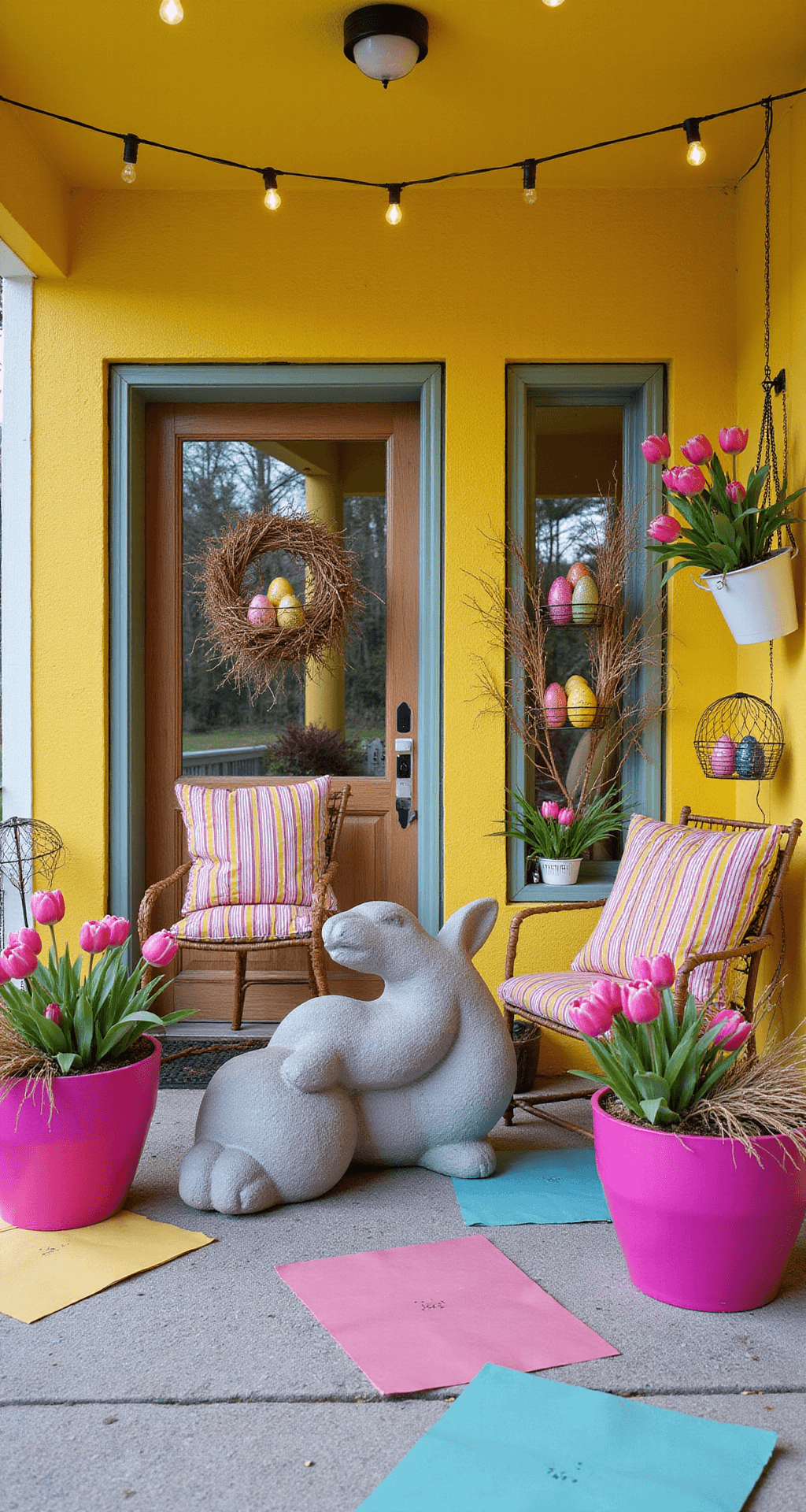 Easter Porch Decor Ideas That'll Make Your Neighbors Green With Envy Bright and playful Easter porch featuring electric yellow and hot pink colors, oversized metal planters with geometric patterns filled with artificial tulips, a large colorful concrete bunny statue, bold striped cushions on outdoor seating, decorative egg displays on metal wire stands, and string lights for evening ambiance.