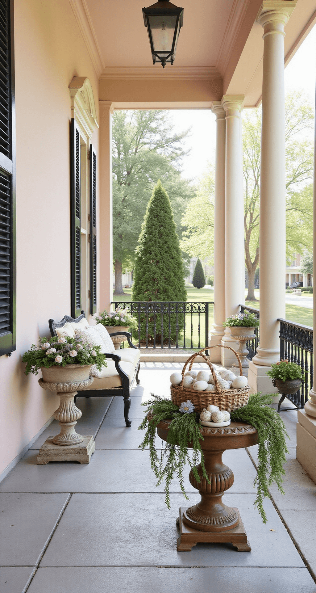 Easter Porch Decor Ideas That'll Make Your Neighbors Green With Envy Traditional Southern-style Easter porch featuring grand columns, antique plant stands, and layered decor in soft blush pink and cream. Vintage baskets filled with hand-decorated eggs and spring blooms, intricate wrought iron details, classic urns with trailing greenery, and lace-trimmed throw pillows. Soft morning light casts elegant shadows on meticulously arranged vignettes, highlighting a refined aesthetic in a symmetrical composition.