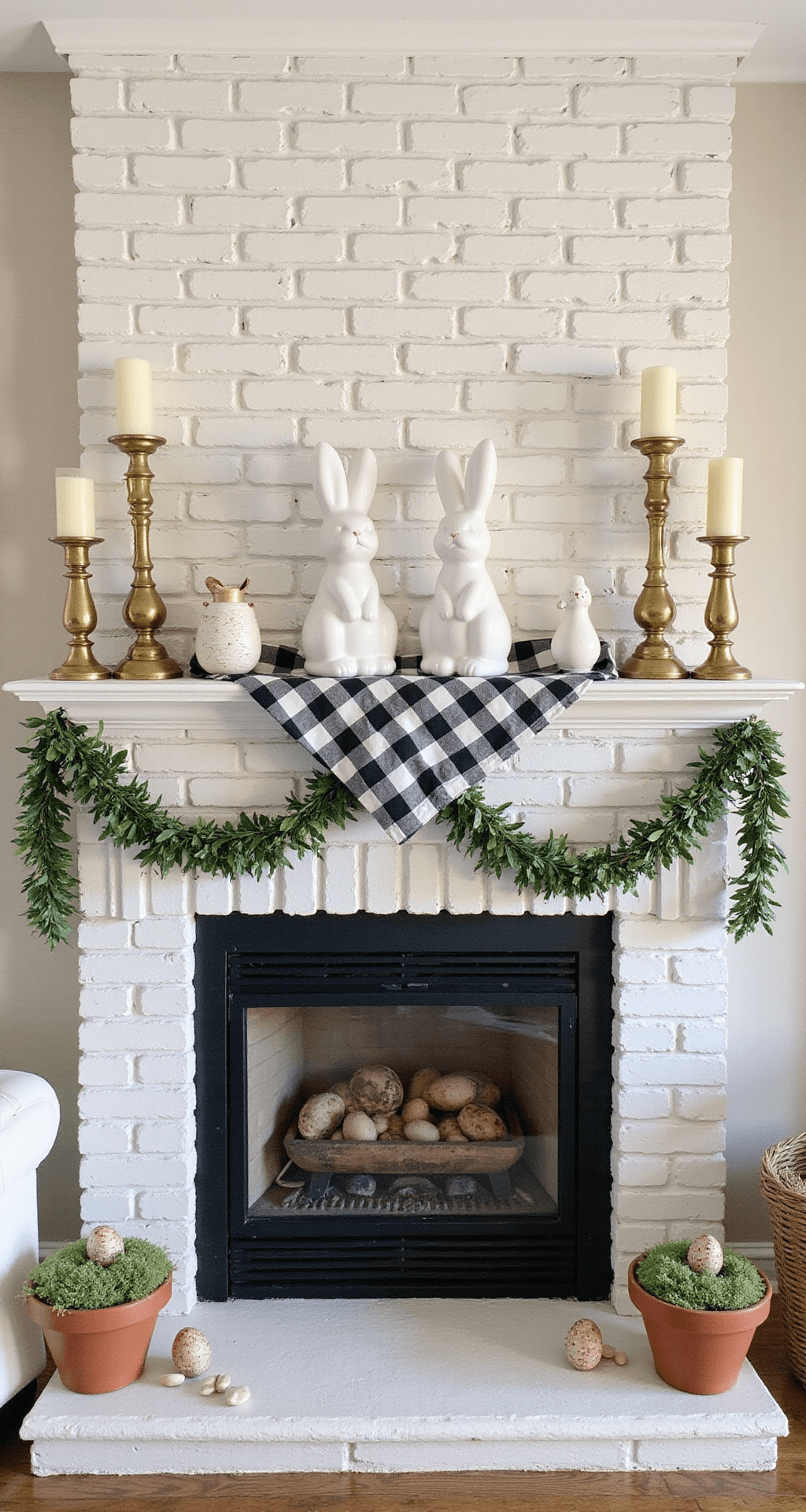 Easter Mantel Decor Ideas That'll Make Your Guests Do a Double-Take A rustic farmhouse-style mantel featuring a weathered white brick fireplace, adorned with ceramic white bunny figurines, vintage brass candlesticks, a buffalo check runner, eucalyptus garland, and terra cotta pots with pale moss, all bathed in soft golden hour light.
