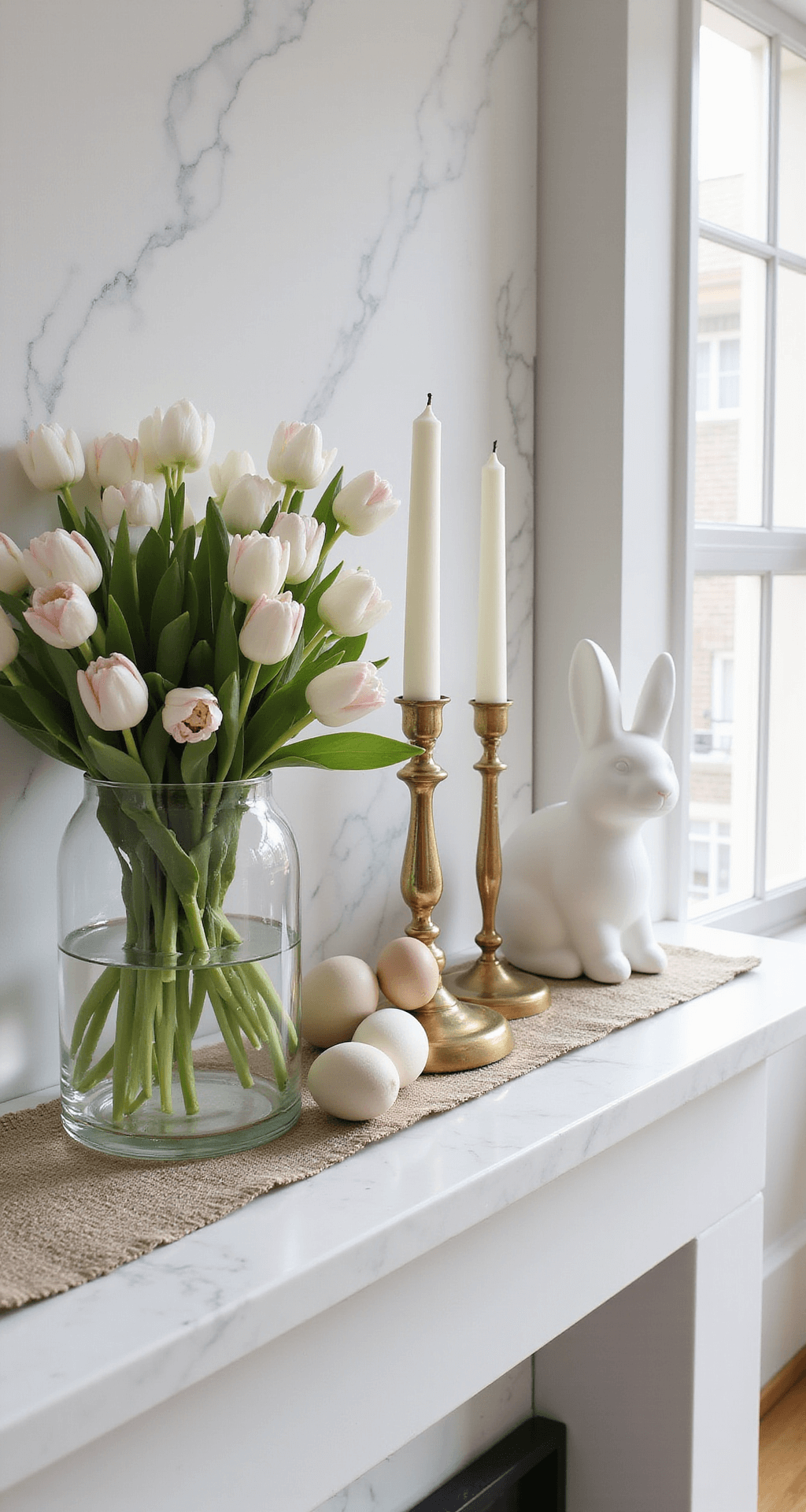 Easter Mantel Decor Ideas That'll Make Your Guests Do a Double-Take Elegant minimalist Easter mantel featuring a white marble fireplace, large glass vases with white tulips and pale pink ranunculus, metallic gold candlesticks, a woven linen runner, decorative wooden eggs, and a matte white oversized ceramic bunny, all under soft ambient lighting.