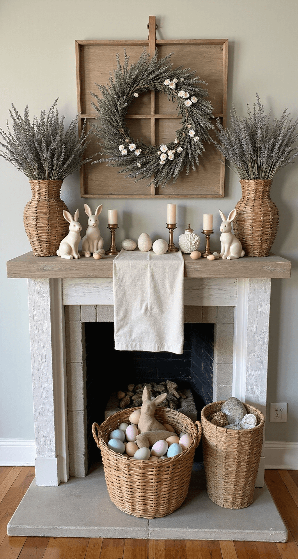 Easter Mantel Decor Ideas That'll Make Your Guests Do a Double-Take A rustic Easter mantel featuring a reclaimed wood fireplace surround adorned with dried lavender, woven willow baskets, and a soft ecru linen table runner. The display includes ceramic bunnies, scattered decorative wooden eggs, and handmade pastel paper mache eggs, all complemented by vintage brass accents. A spring wreath with white blossoms hangs above the mantel, illuminated by warm afternoon light that casts soft shadows, showcasing the organic styling and depth of the arrangement.