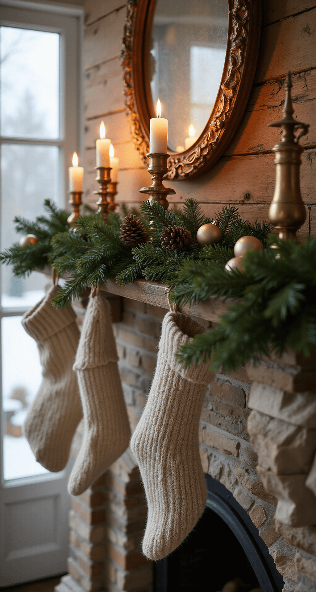 Winter Mantel Decor: How I Transform My Fireplace Into a Seasonal Showstopper Cozy winter fireplace scene with a rustic wooden mantel adorned with a lush pine garland and soft knit stockings, vintage gold candlesticks casting warm candlelight, and diffused winter light filtering through frosted windows, showcasing layered textures of faux fur ribbon, mercury glass ornaments, and natural wood elements.