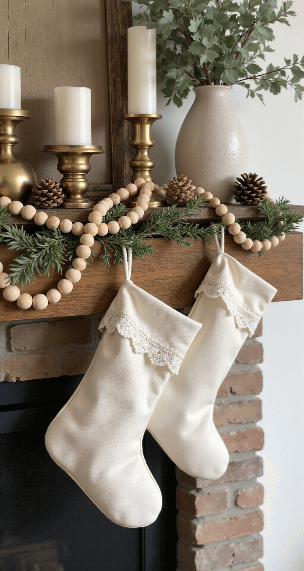 Winter Mantel Decor: How I Transform My Fireplace Into a Seasonal Showstopper Rustic farmhouse winter mantel featuring cream-colored lace-trimmed stockings, wood bead garland, vintage brass candlesticks, and natural pinecones, accented by deep forest green and soft gold tones, with dried eucalyptus in textured ceramic vases, all illuminated by warm afternoon light creating gentle shadows.
