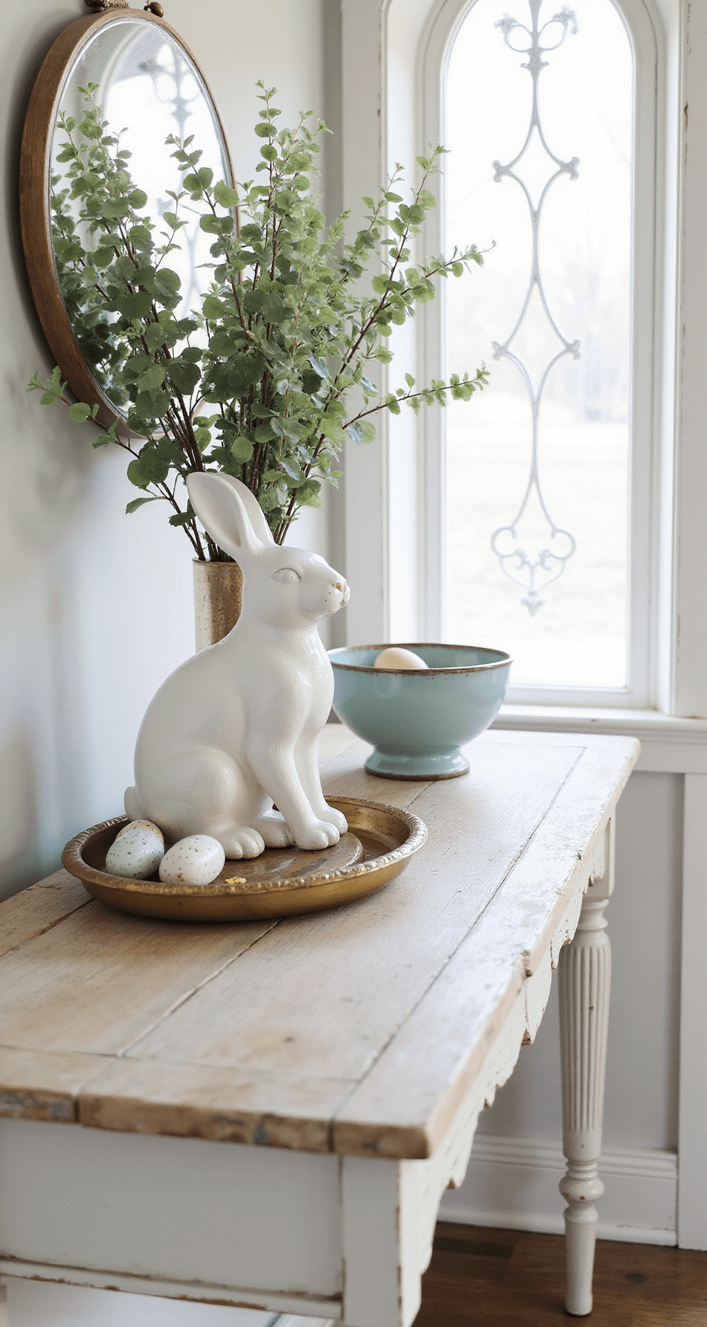 Easter Decor Ideas That'll Make Your Home Feel Like Spring Finally Arrived An elegantly styled Easter entryway featuring a white bunny figurine, eucalyptus stems, and hand-painted wooden eggs on a console table, with soft morning light filtering through a glass transom window.