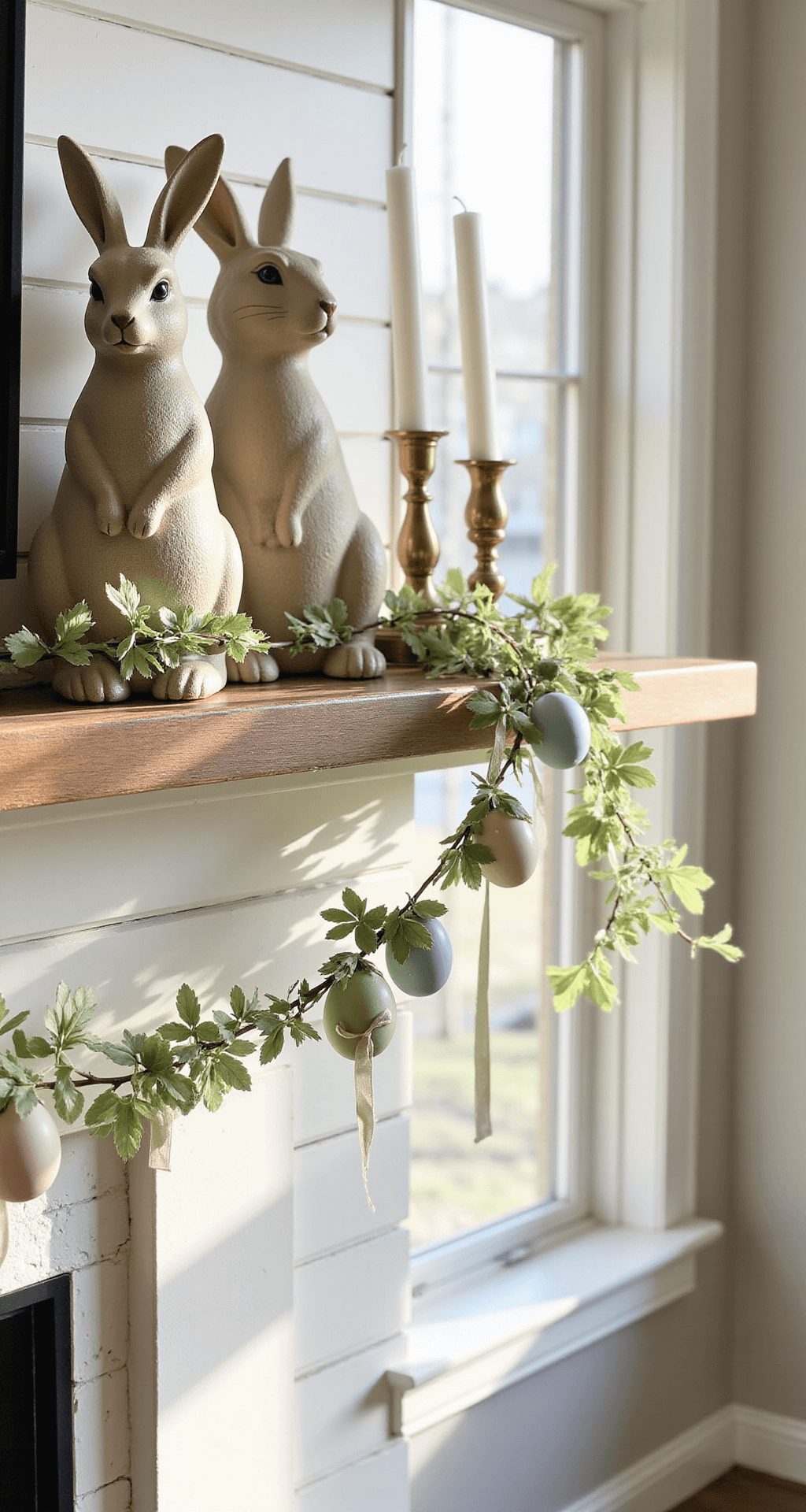 Easter Decor Ideas That'll Make Your Home Feel Like Spring Finally Arrived Cozy Easter-decorated living room mantel with ceramic bunnies, sage green garland, hand-painted wooden eggs, and vintage brass candlesticks, illuminated by warm afternoon sunlight.