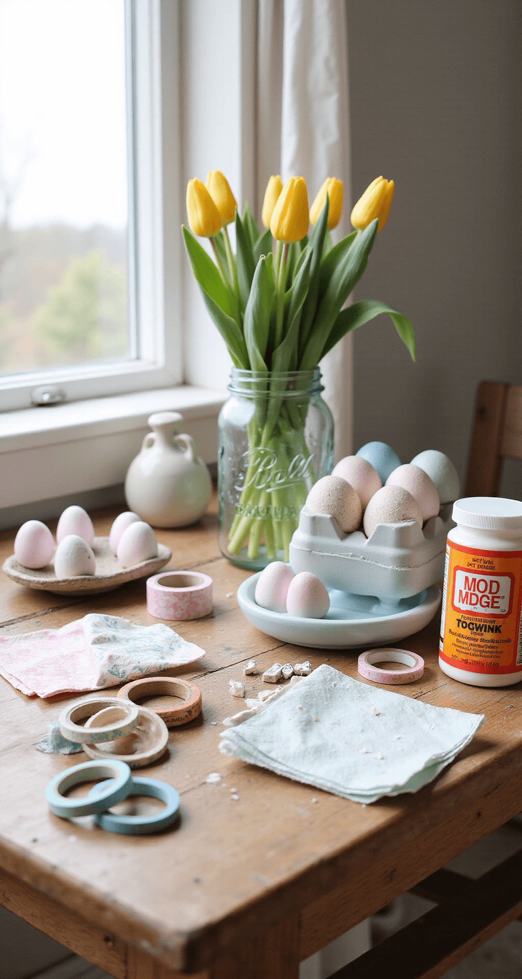 Easter Decor Ideas That'll Make Your Home Feel Like Spring Finally Arrived A bright crafting corner featuring a farmhouse table cluttered with Easter DIY supplies, including foam eggs, pastel washi tape, Mod Podge, and decorative stamps, alongside half-finished decoupage projects and a vintage mason jar filled with fresh tulips.
