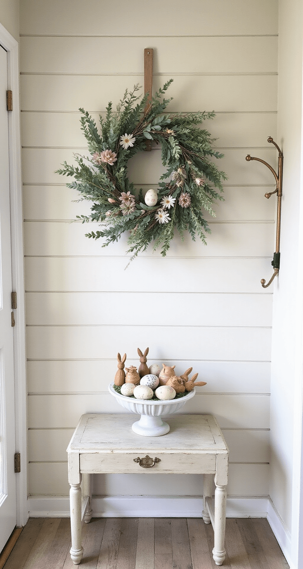 Easter Decor Ideas That'll Make Your Home Feel Like Spring Finally Arrived A front door entryway adorned with a pastel spring wreath of flowers and eggs, a vintage console table holding wooden bead bunnies and a bowl of hand-painted eggs, against shiplap walls with a brass coat rack.