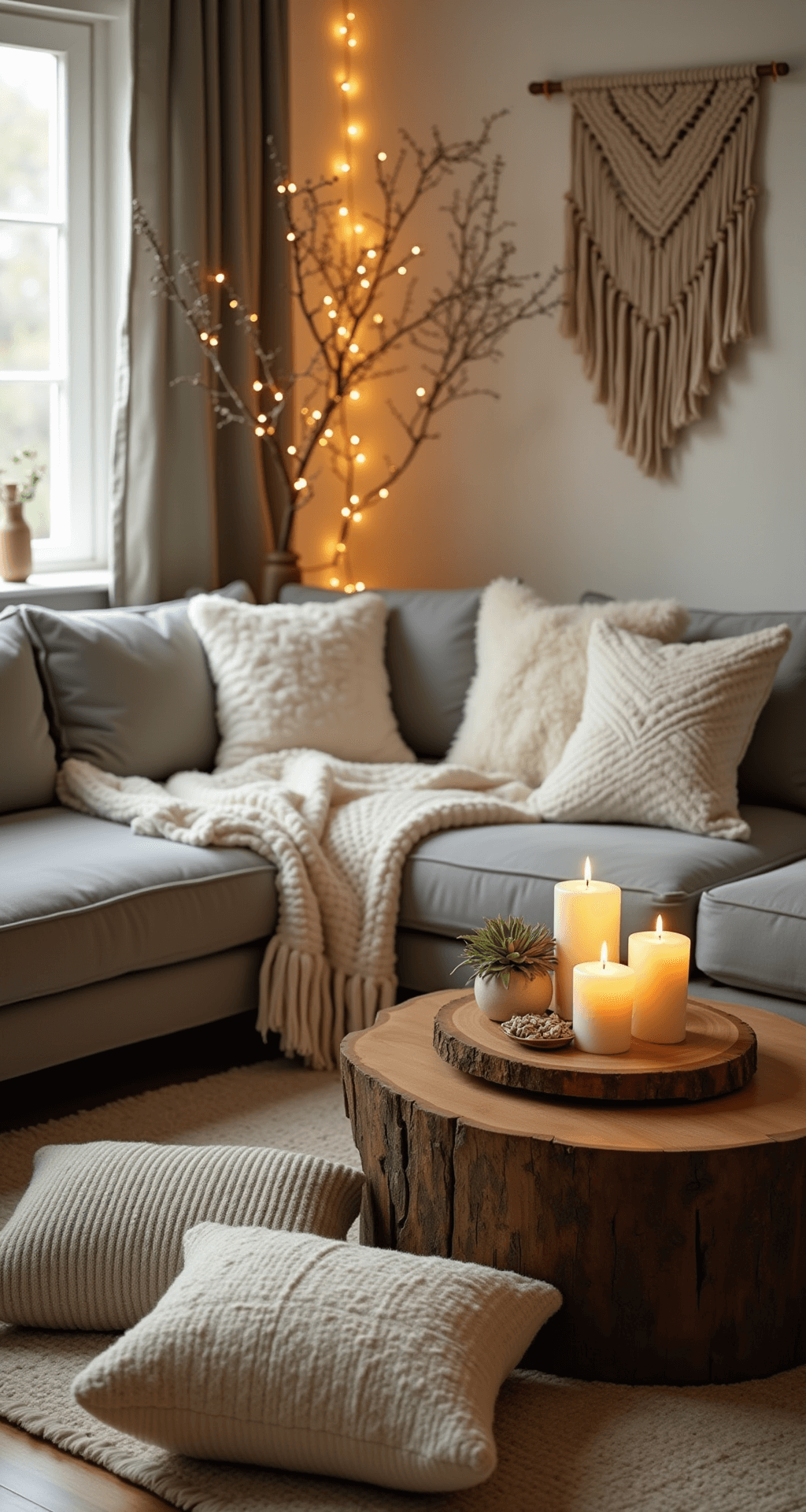 Friendsmas Theme Ideas for Adults That'll Make This Year Unforgettable A cozy living room with warm golden lighting, featuring a gray sectional sofa draped with white throw blankets, scattered floor pillows in winter tones, a rustic coffee table with a hot cocoa bar, scented pine candles, macrame wall hangings, and twinkling fairy lights, all captured in a soft-focused, wide-angle shot.
