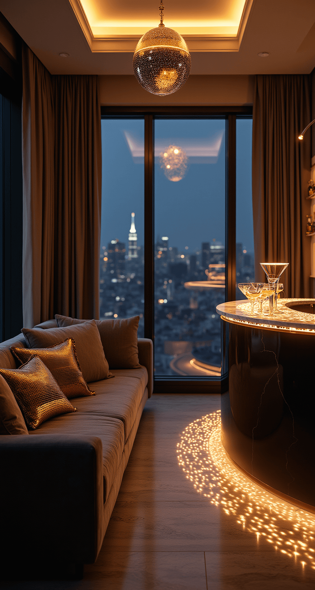 Friendsmas Theme Ideas for Adults That'll Make This Year Unforgettable A luxurious apartment interior featuring a sleek marble bar adorned with a disco ball, casting sparkling light patterns. Charcoal velvet sofas are decorated with sequined throw pillows, while floor-to-ceiling windows showcase a vibrant city skyline at night. The space is filled with women in sequined dresses and men in tailored blazers, sipping signature martinis from crystal glasses, all under dramatic overhead lighting that enhances the sophisticated color palette of deep navy, champagne, and metallic gold.