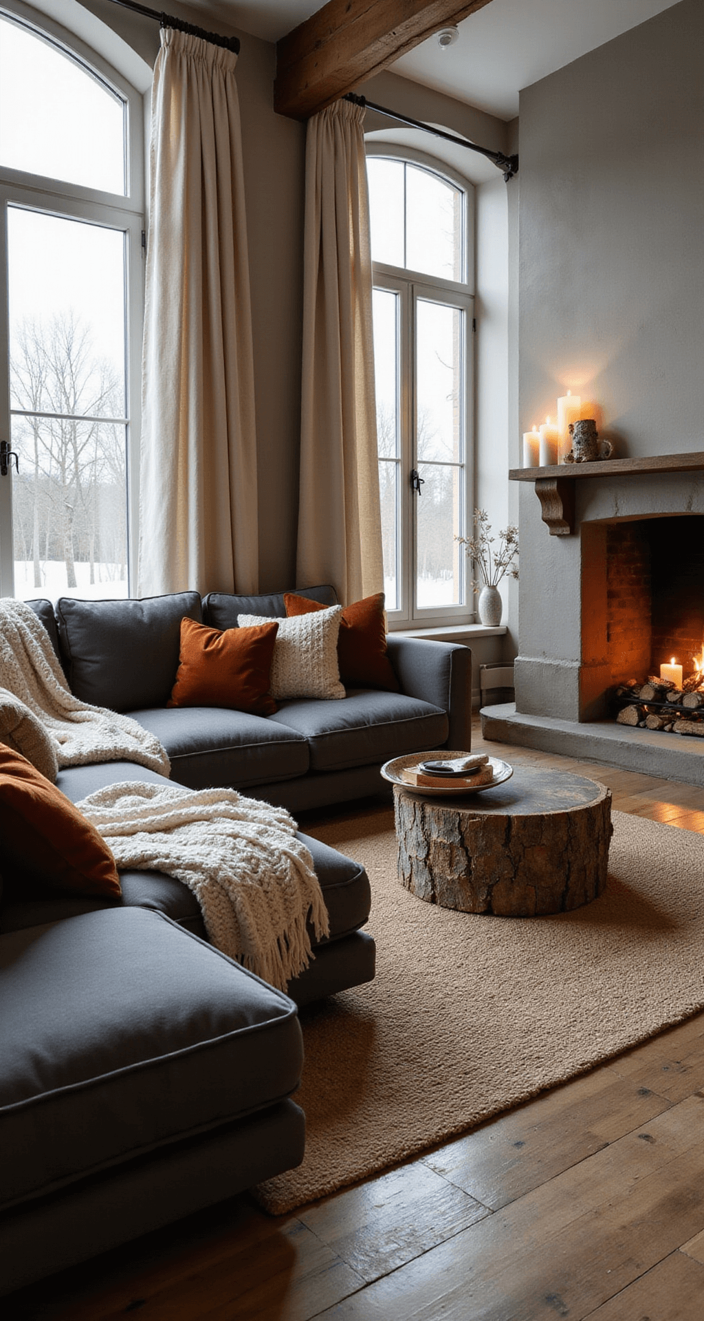 Transform Your Home Into a Winter Wonderland: Cozy Decor Ideas That Actually Work A cozy rustic living room featuring a charcoal gray sectional sofa layered with cream and rust cable knit throws and deep terracotta velvet pillows, illuminated by soft winter light filtering through ivory linen curtains, with a woven jute rug on aged hardwood floors and a cast iron fireplace adorned with birch logs and flickering candles.