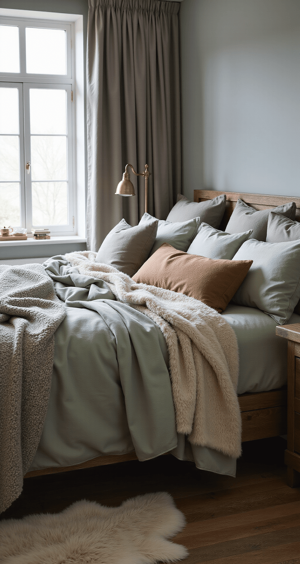 Transform Your Home Into a Winter Wonderland: Cozy Decor Ideas That Actually Work Intimate bedroom scene featuring a king-sized bed with heavyweight flannel sheets and a pale sage green duvet, surrounded by various textured throw blankets in warm neutrals. The soft pewter-toned walls complement the antique brass lamp on a weathered oak nightstand, while morning light filters through thermal curtains. A sheepskin rug lies beside the bed, adorned with oversized pillows, all captured from a low angle to emphasize the cozy atmosphere.
