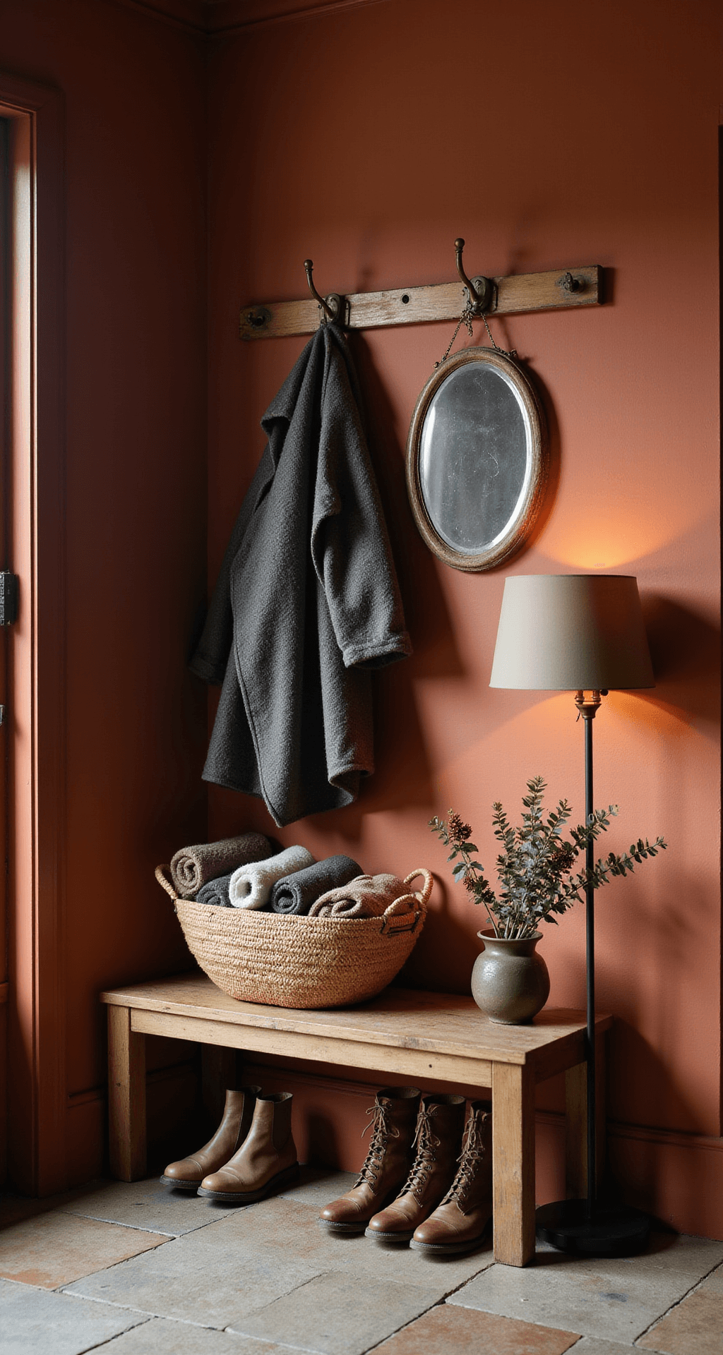 Transform Your Home Into a Winter Wonderland: Cozy Decor Ideas That Actually Work A cozy entryway features warm terracotta walls, a vintage wooden bench with a basket of rolled wool blankets, cast iron coat hooks with textured overcoats, leather boots on natural stone tile, a brass lamp casting amber light, a round mirror with an aged brass frame, and a ceramic vessel holding pinecones and dried eucalyptus, all illuminated by soft winter afternoon light.