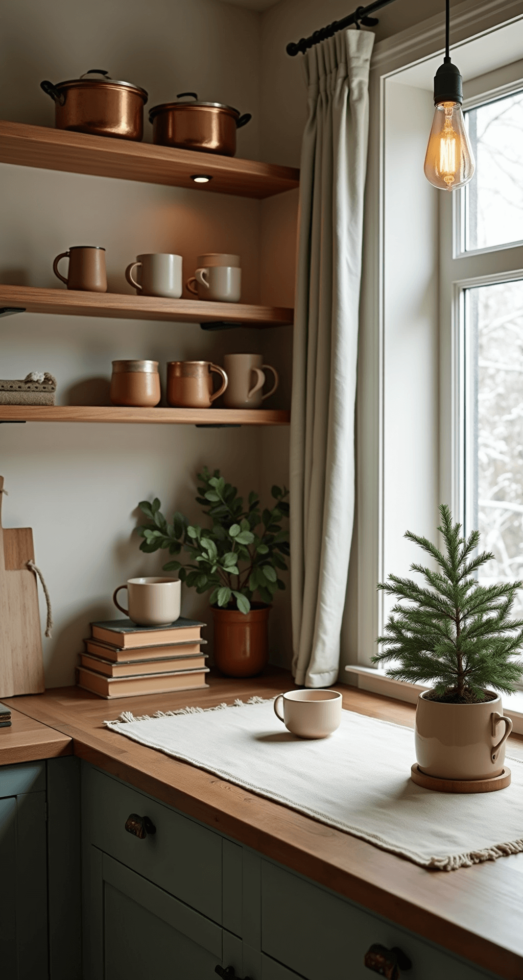 Transform Your Home Into a Winter Wonderland: Cozy Decor Ideas That Actually Work Cozy kitchen corner with open shelving displaying copper cookware and earthy ceramic mugs, a wooden farmhouse table adorned with a linen runner and stacked cookbooks, a potted evergreen, and a warm glow from a hanging Edison bulb light, all framed by a large window revealing soft snowfall outside.
