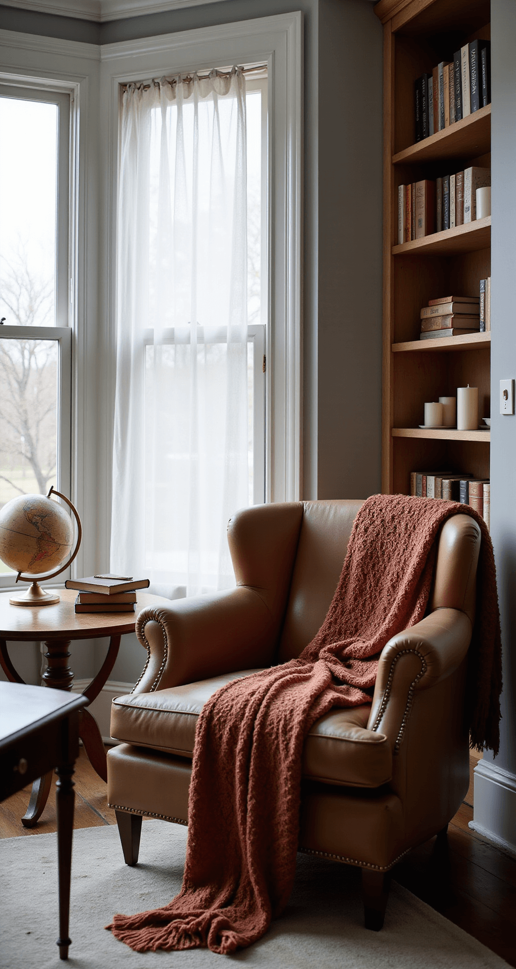 Transform Your Home Into a Winter Wonderland: Cozy Decor Ideas That Actually Work Luxurious home office featuring a large bay window, soft gray walls, an oversized leather armchair with a deep rust chunky knit blanket, a wooden desk with brass accents, and a vintage globe, all bathed in soft winter light through sheer white curtains, creating a warm, contemplative atmosphere.