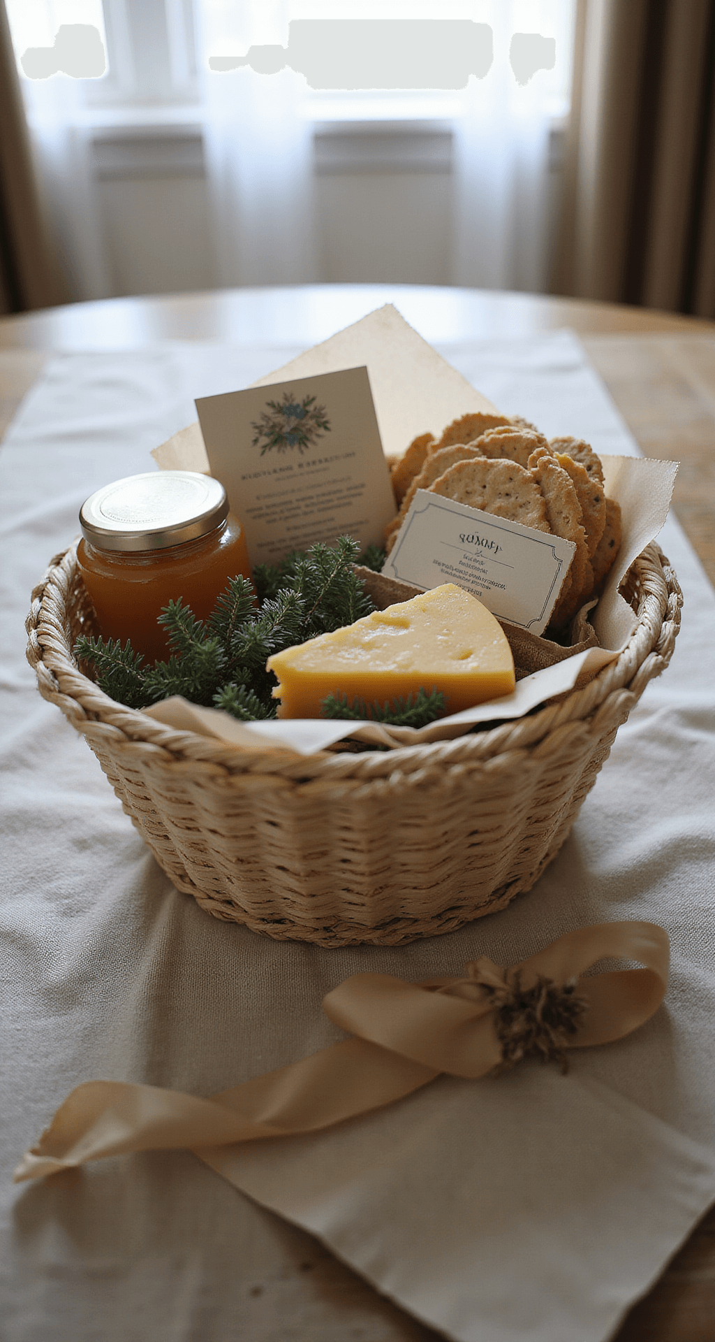 Christmas Gift Basket Ideas That'll Make You Look Like a Gifting Genius Elegant rustic Christmas gift basket with gourmet items, arranged on a wooden farmhouse table, bathed in soft winter morning light, featuring natural fibers and neutral colors.