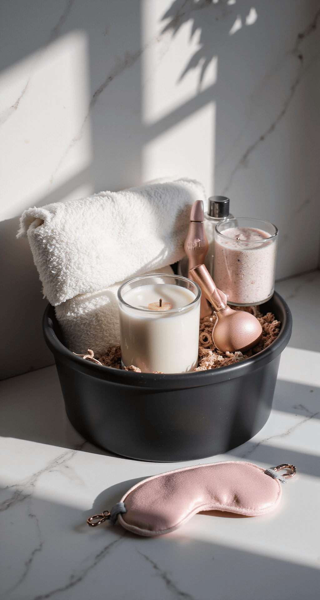 Christmas Gift Basket Ideas That'll Make You Look Like a Gifting Genius Intimate spa gift basket arranged on marble countertop with dramatic lighting, featuring a matte black container, plush towel, bath salts in a glass jar, rose gold facial roller, lavender candle, and silk eye mask in a soft blush and charcoal color scheme.